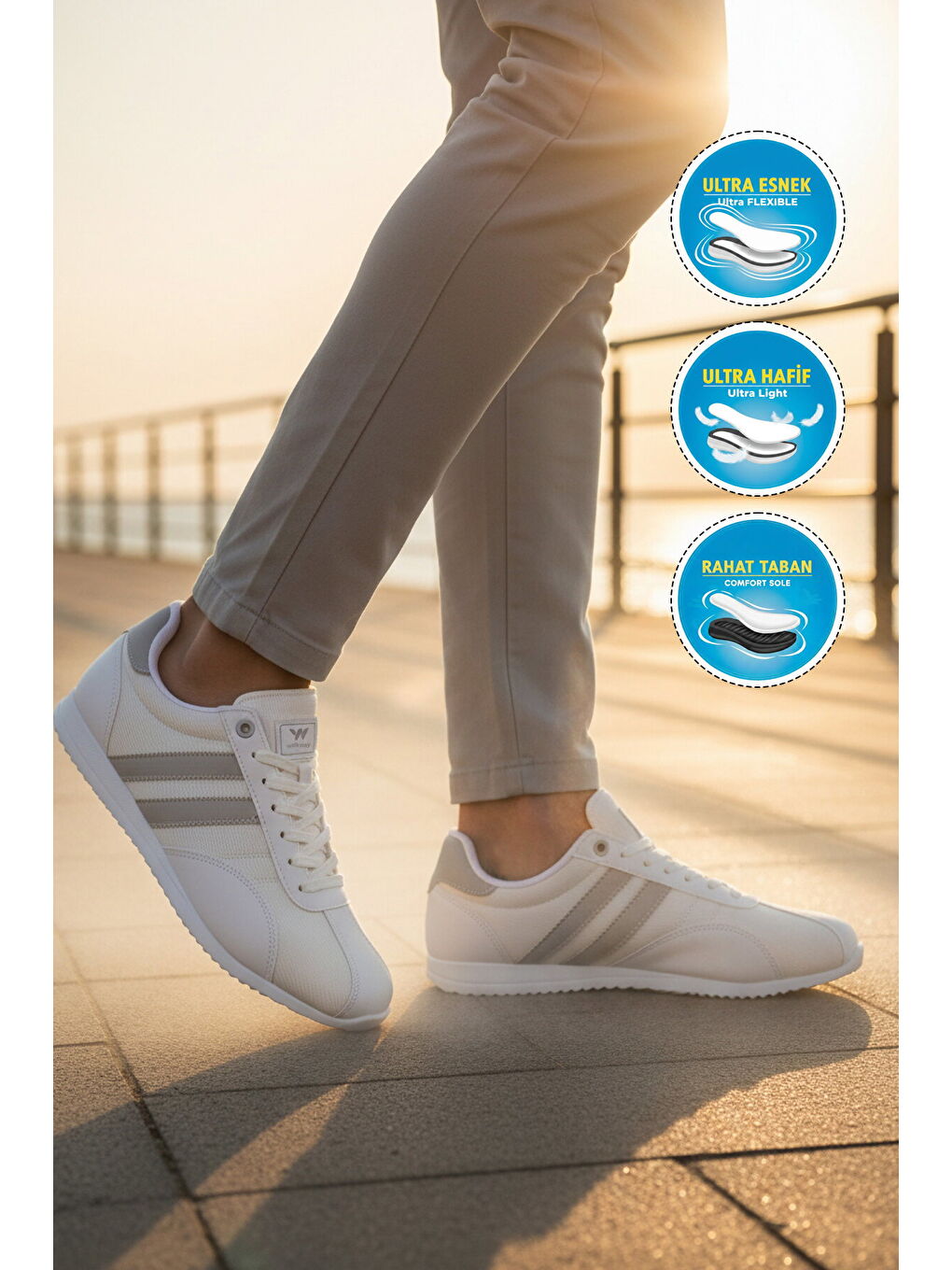 Beyaz Gümüş Bağcıklı Hafif Erkek Spor Ayakkabı 2001 Tares M-2