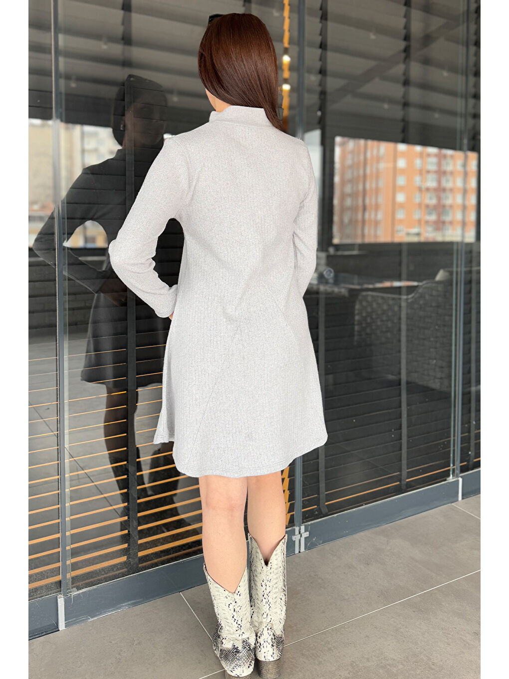 Gri Yarım Balıkçı Yaka Kadın Fitilli Mini Elbise-3