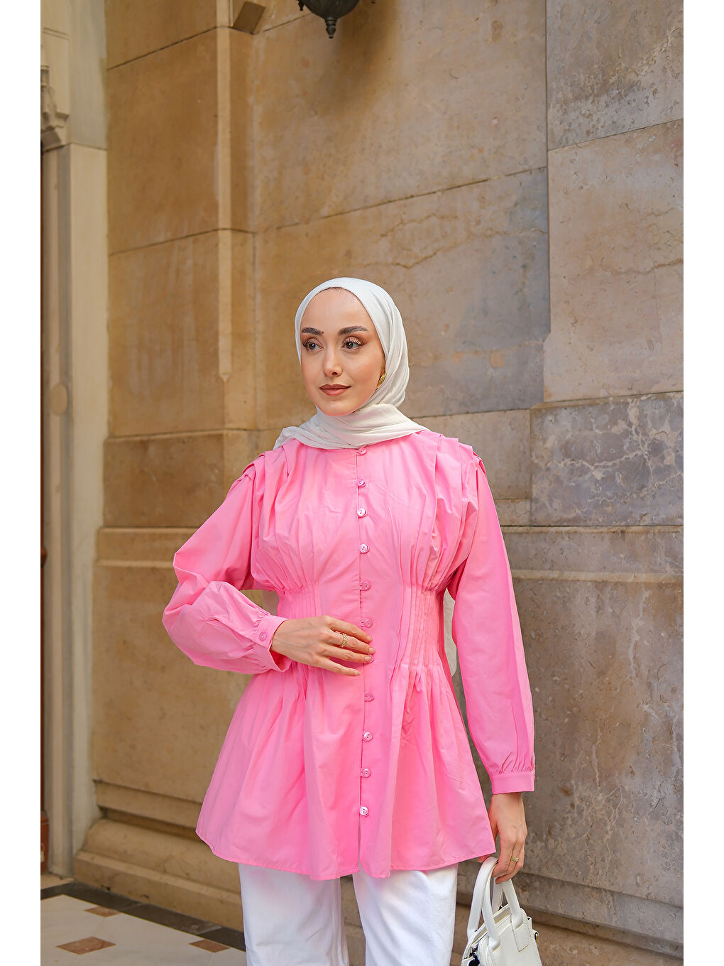 Kadın Beli Nervürlü Poplin Gömlek Pembe