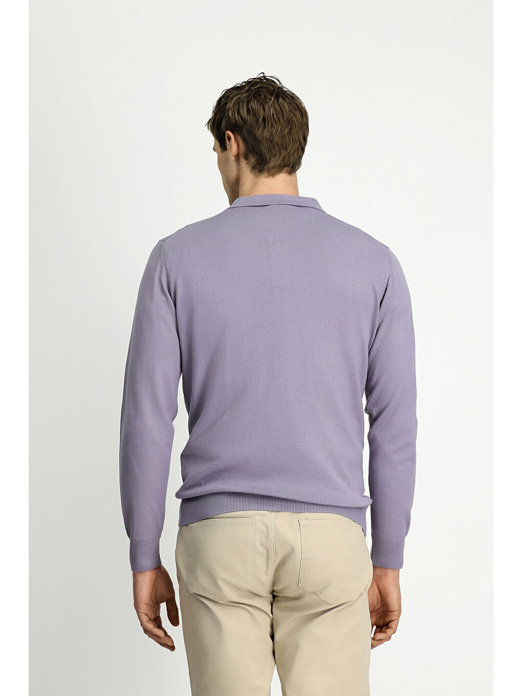 Lila Polo Yaka Düğmeli Regular Fit Sıcak Tutan Yünlü Triko Kazak-4