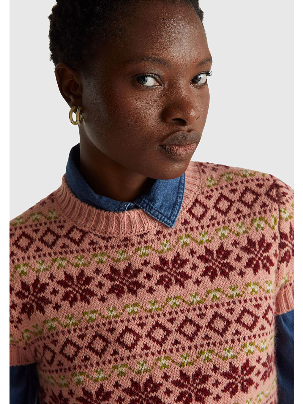 Pembe Kadın Gül Kurusu  Yün Alpaka Karışımlı Jakarlı Kısa Kollu Stranger Things Kazak-5