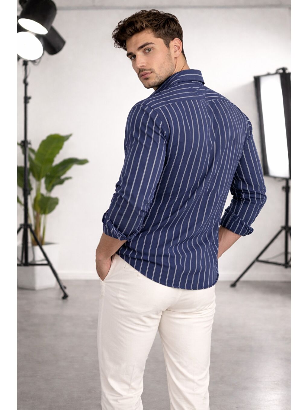 Lacivert Erkek İki Çizgili Regular Relaxed Fit Uzun Kollu Gömlek-1