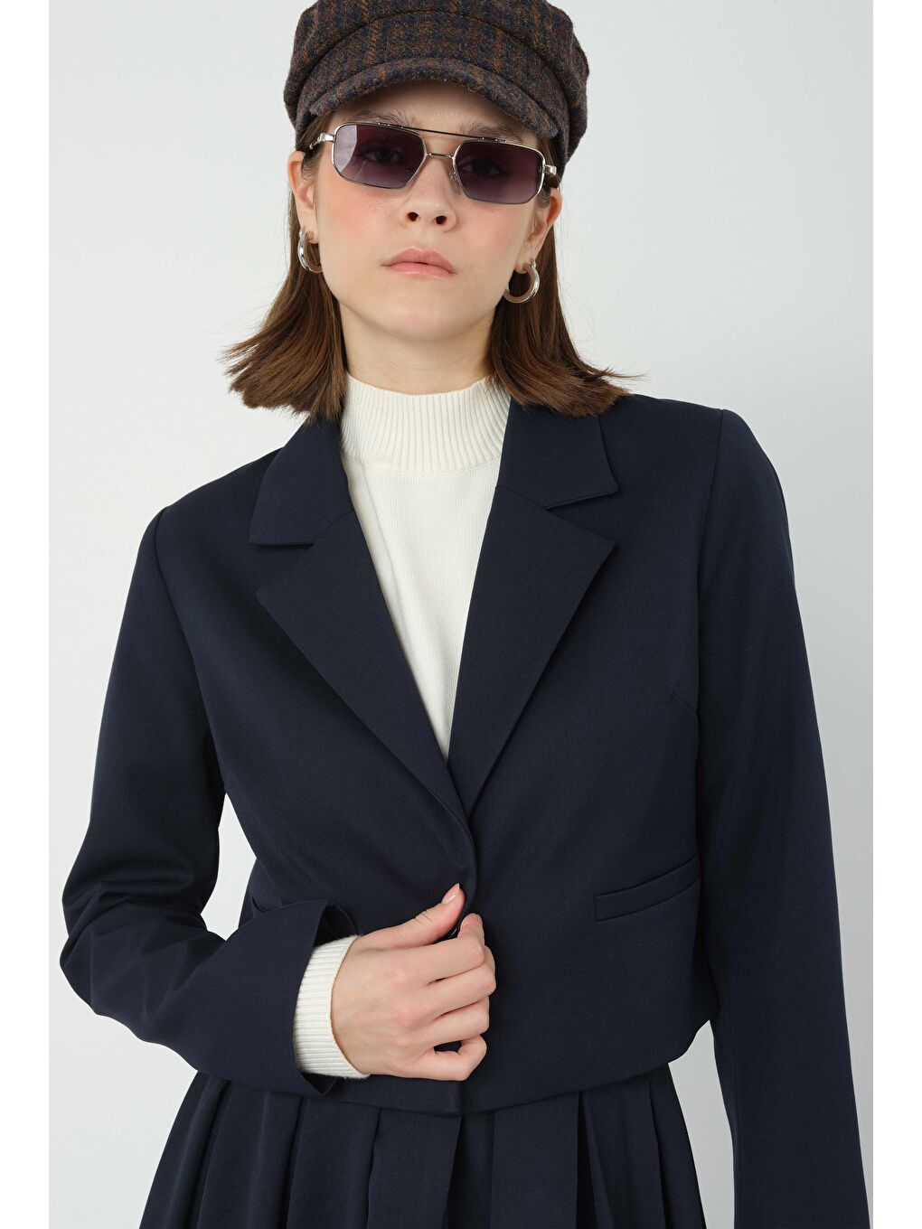 Crop Blazer Ceket Koyu Lacivert-1