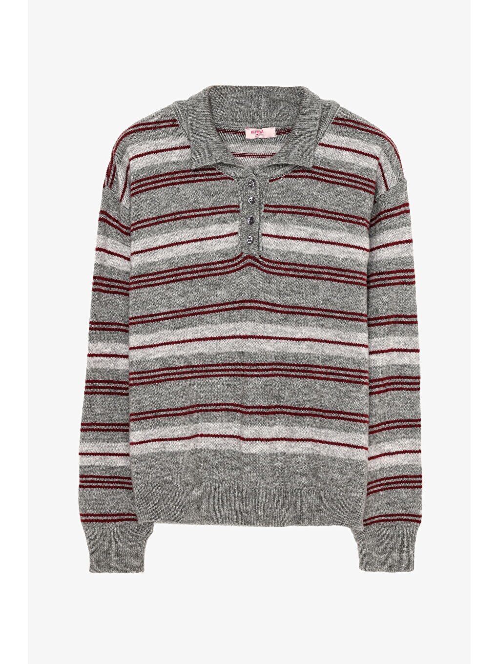 Ribanalı Polo Yaka Çizgili Triko Kazak Gri