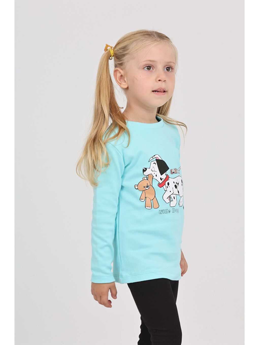 Turkuaz Kız Çocuk Köpekli Ayı Baskılı Sweatshirt