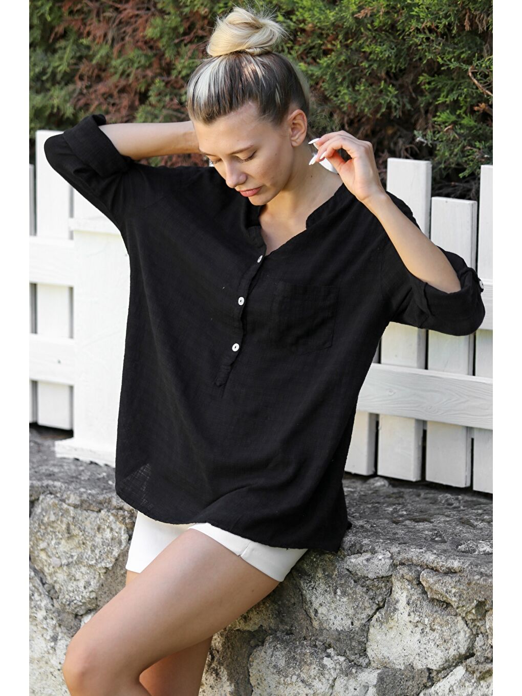 Siyah Hakim Yaka Düğmeli Uzun Kollu Düğmeli Cepli Yıkamalı Dokuma Casual Pamuklu Bluz