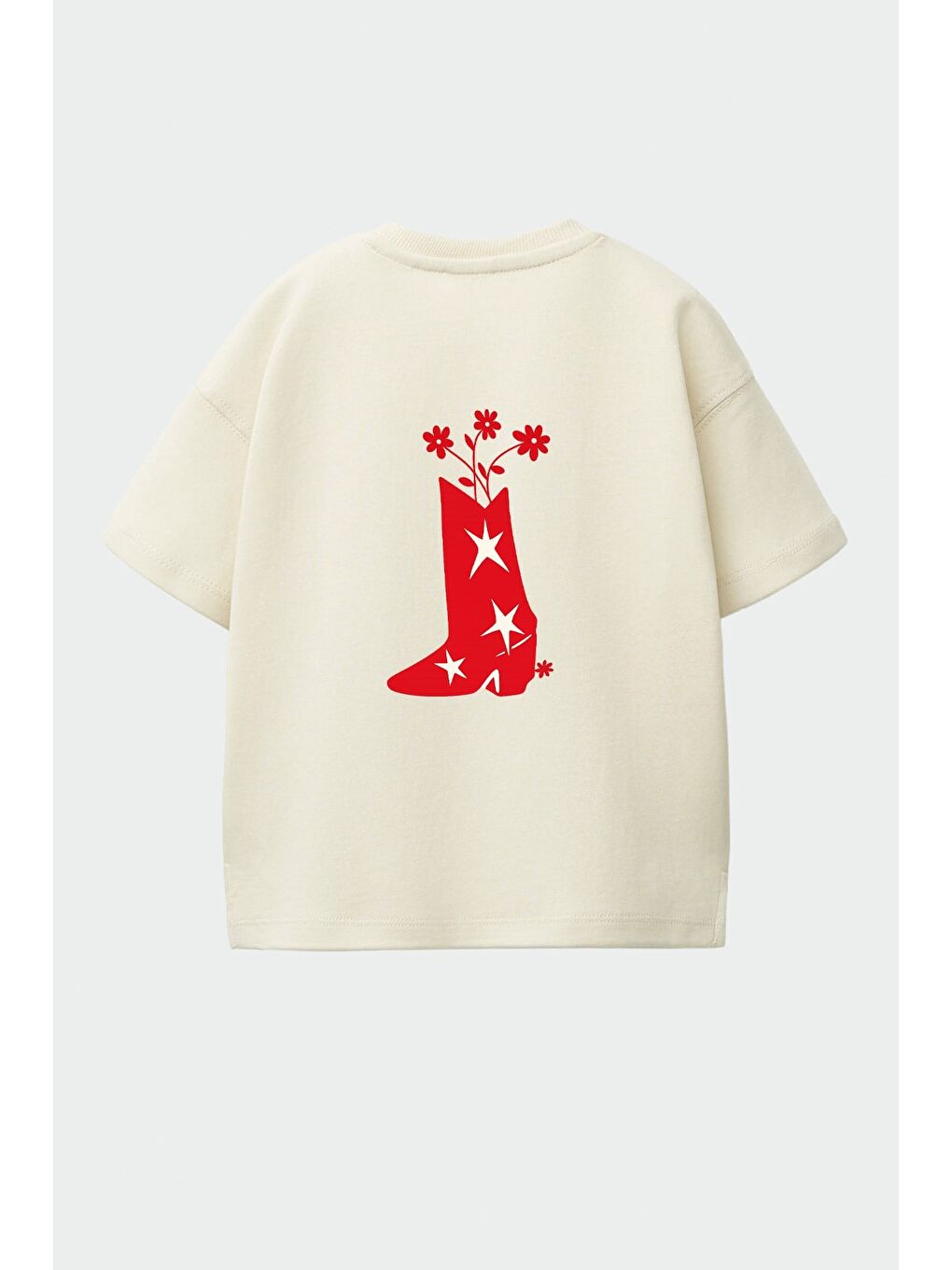 Bej Unisex Çocuk Pamuklu Bisiklet Yaka Sırtı Baskılı T-Shirt