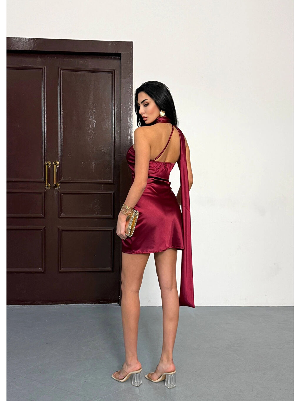 Kadın Bordo Omuz Ve Sırt Dekolteli Saten Kumaş Mini Elbise HZL26W-FRY123611-2