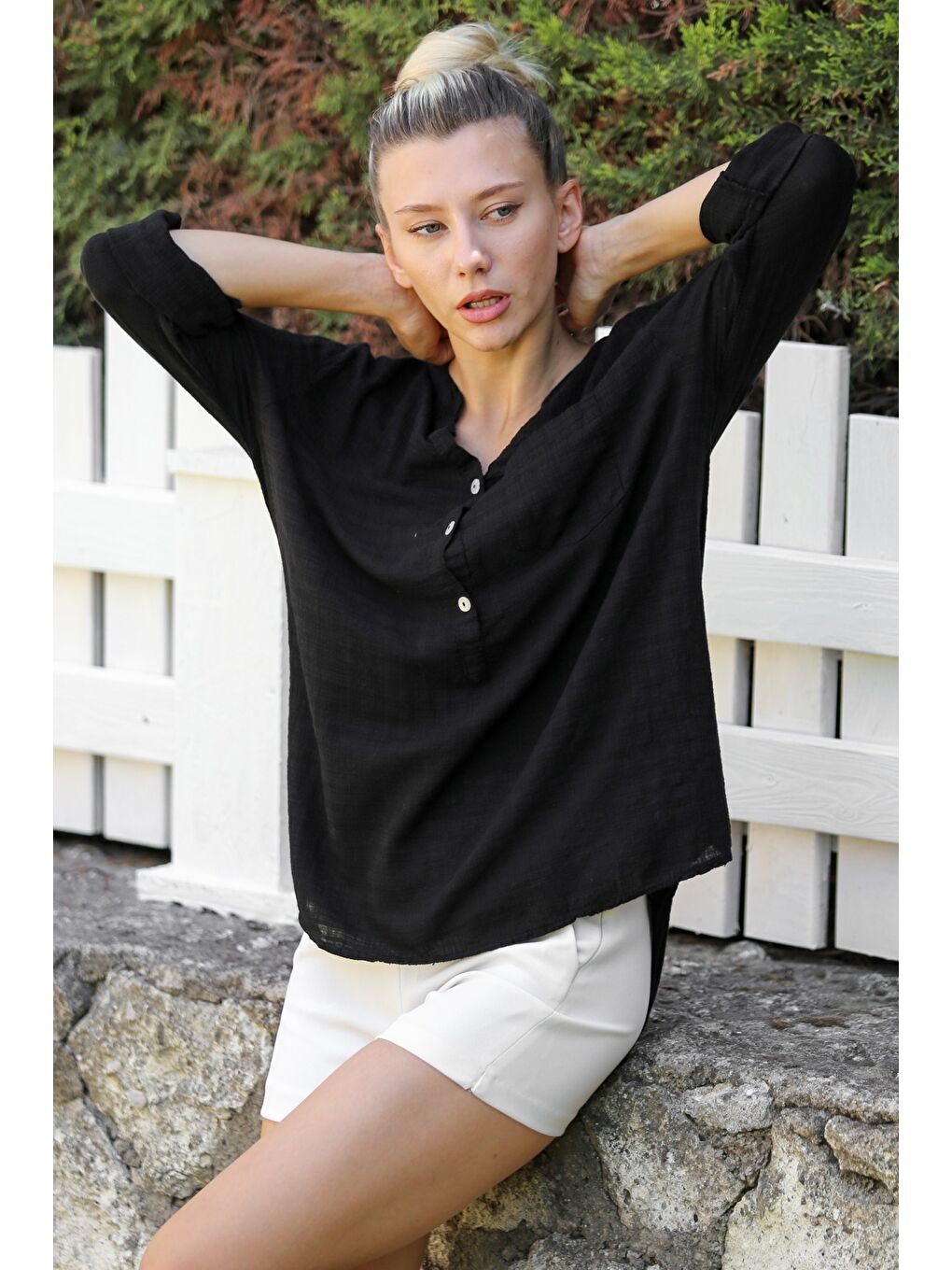 Siyah Hakim Yaka Düğmeli Uzun Kollu Düğmeli Cepli Yıkamalı Dokuma Casual Pamuklu Bluz-1