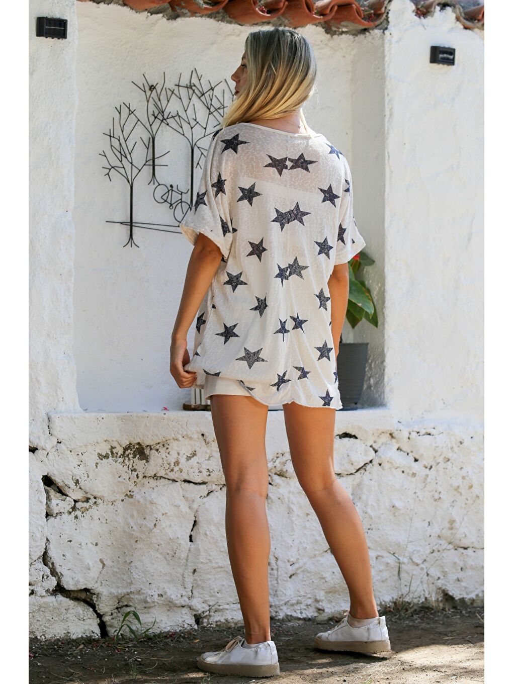 Ekru İtalyan Krem Kayık Yaka Kısa Kol Yıldız Baskılı Kol Ve Etek Ucu Pul Payetli Dokuma Casual Bluz-7