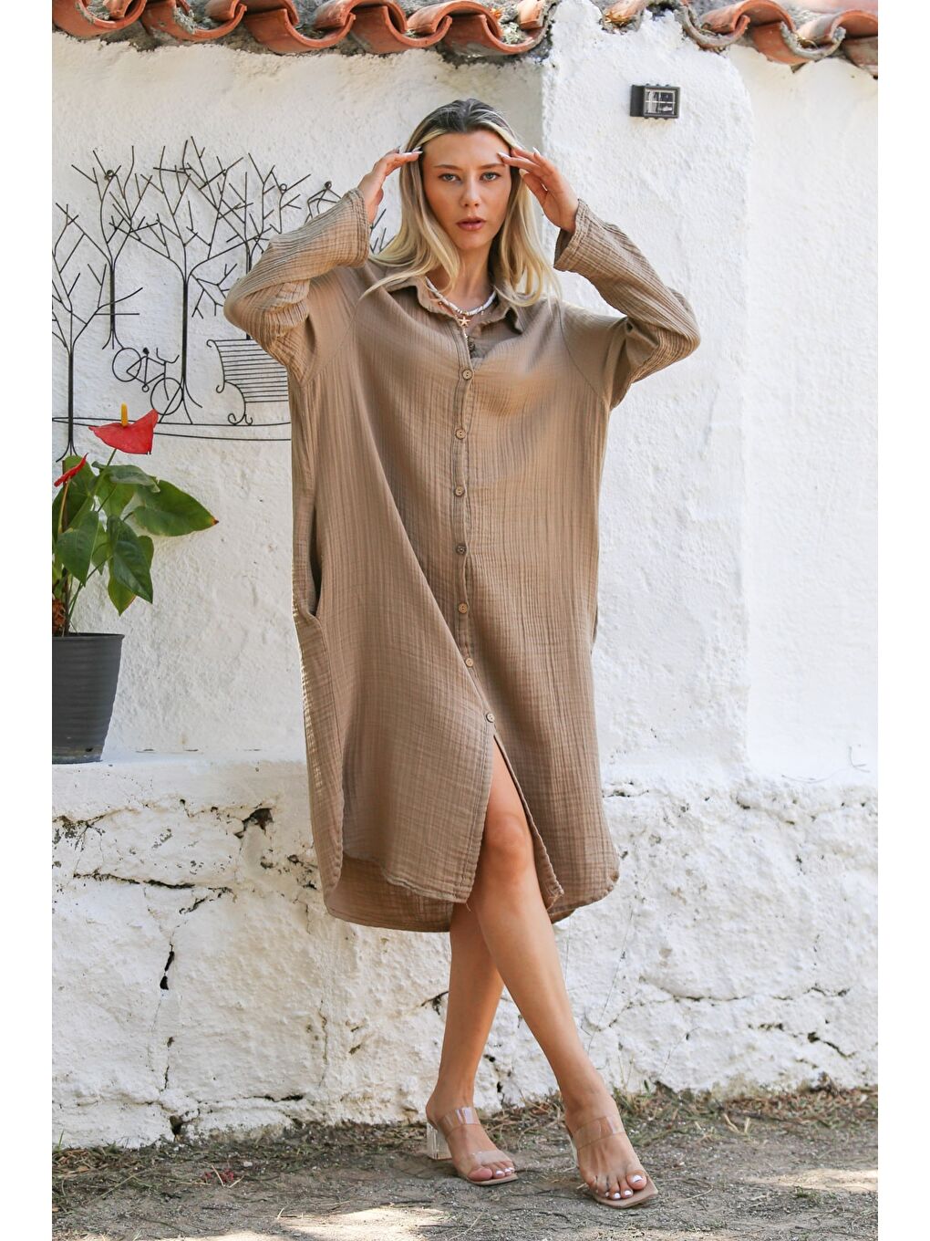 Koyu Bej Gömlek Yaka Düğmeli Uzun Kollu Çift Cepli Yıkamalı Dokuma Casual Müslin Elbise-6