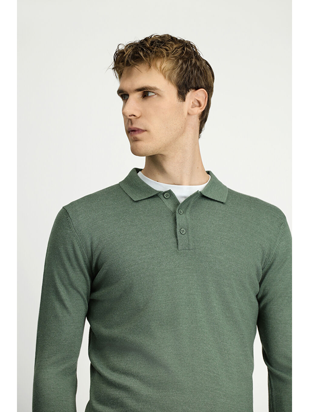 Haki Polo Yaka Düğmeli Regular Fit Sıcak Tutan Yünlü Triko Kazak-1