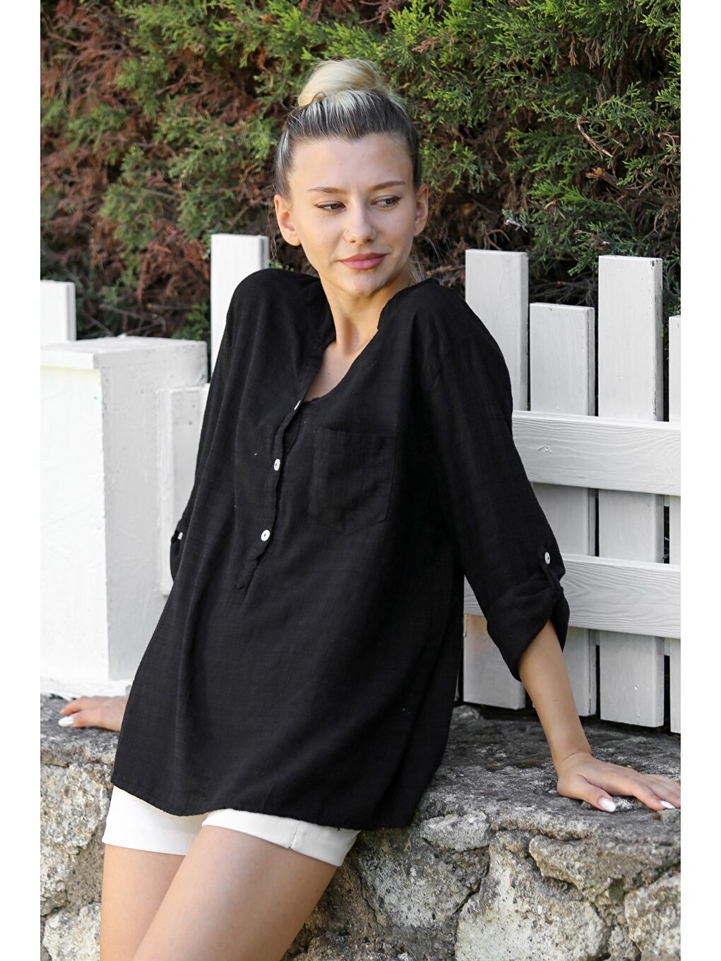 Siyah Hakim Yaka Düğmeli Uzun Kollu Düğmeli Cepli Yıkamalı Dokuma Casual Pamuklu Bluz-4