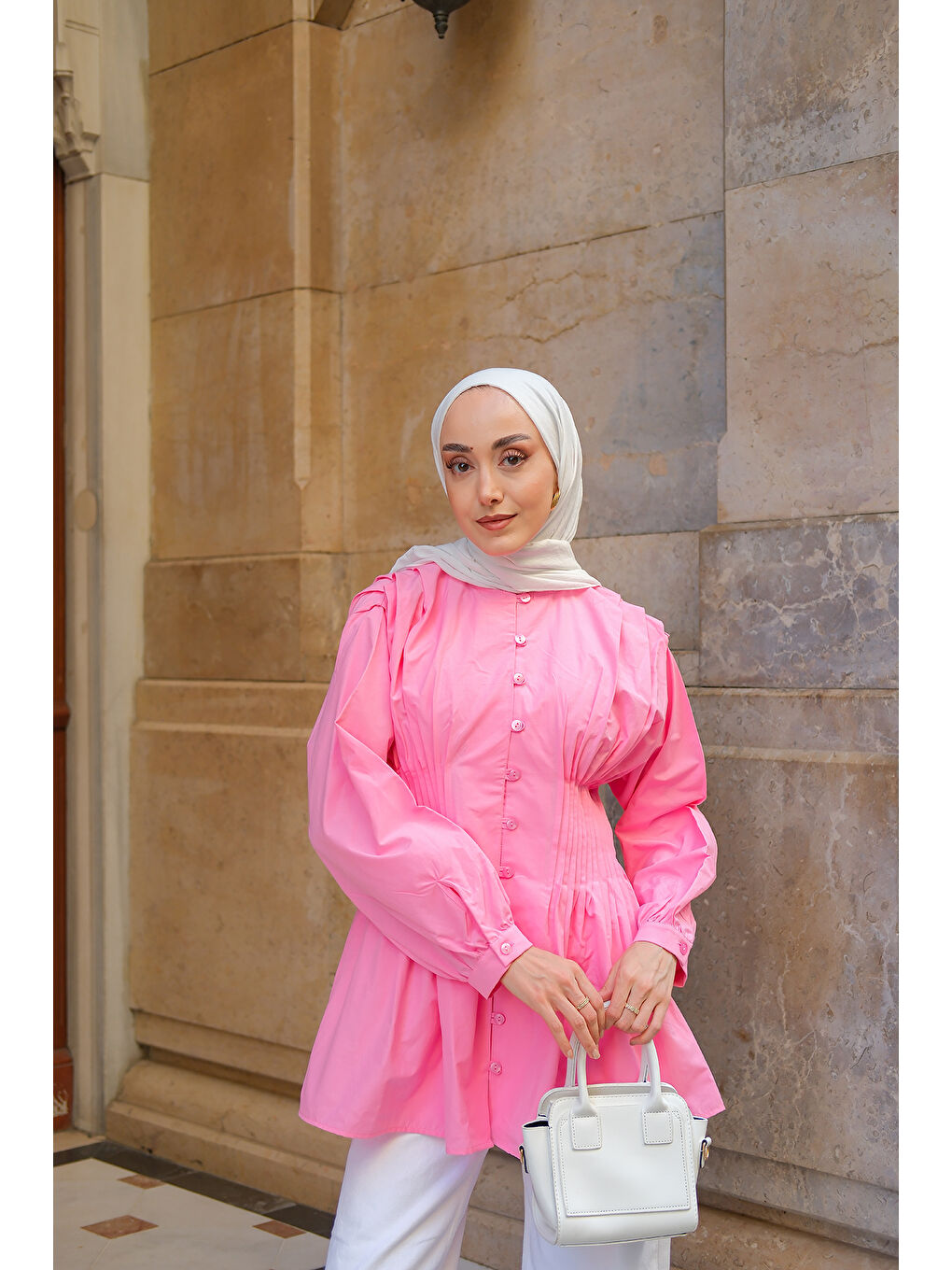 Kadın Beli Nervürlü Poplin Gömlek Pembe-1