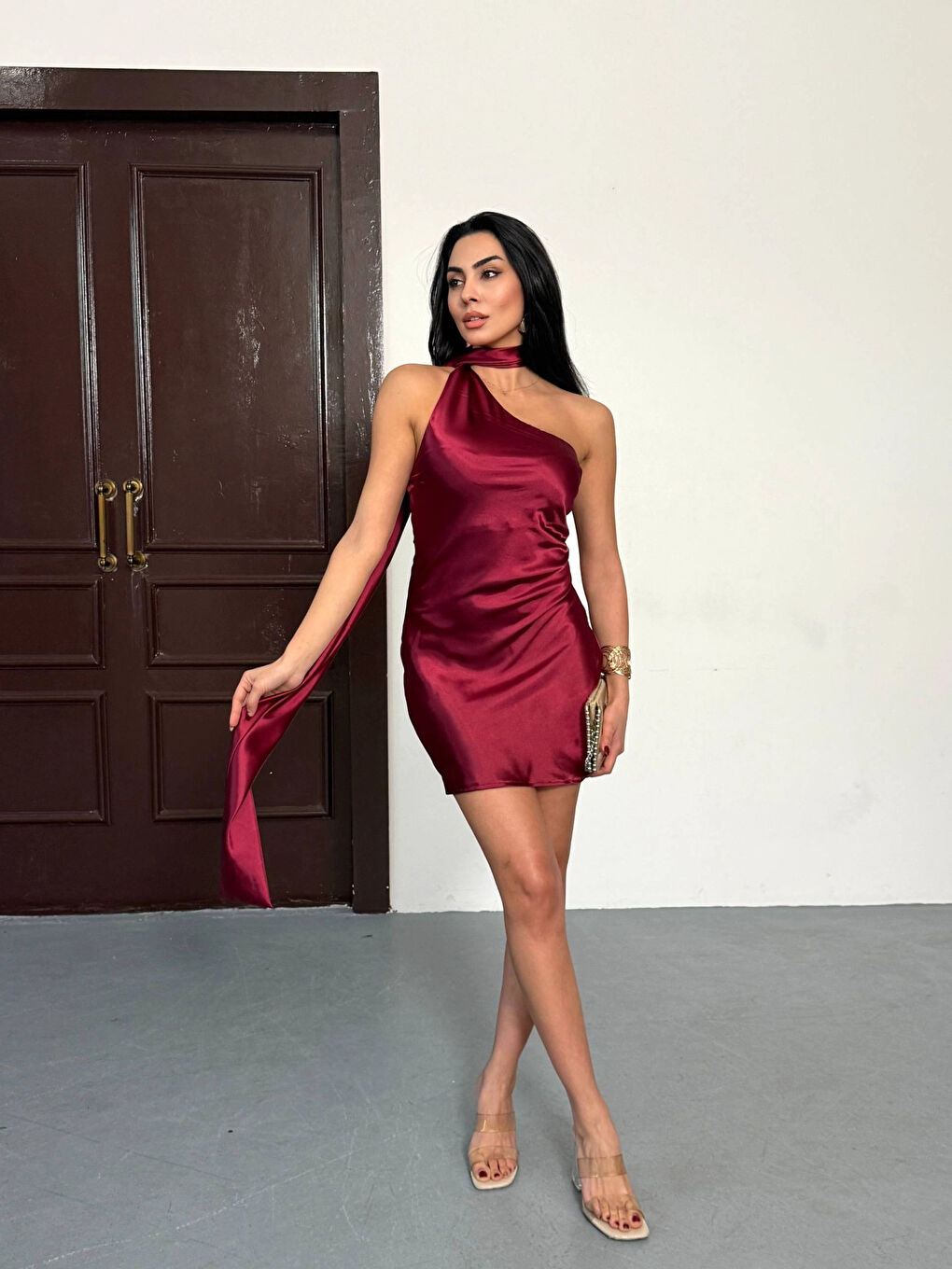 Kadın Bordo Omuz Ve Sırt Dekolteli Saten Kumaş Mini Elbise HZL26W-FRY123611-3