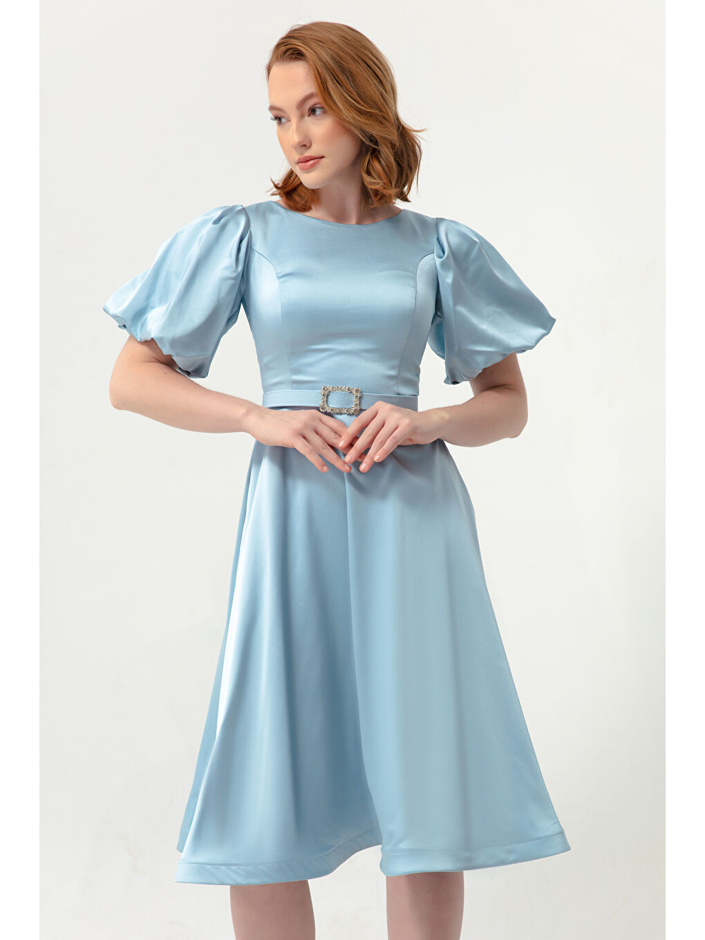 Kadın Bebe Mavi Balon Kollu Taşlı Kemerli Mini Saten Abiye Elbise-1