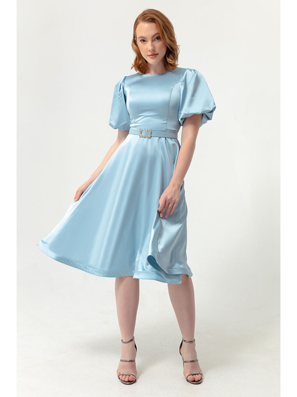 Kadın Bebe Mavi Balon Kollu Taşlı Kemerli Mini Saten Abiye Elbise-2