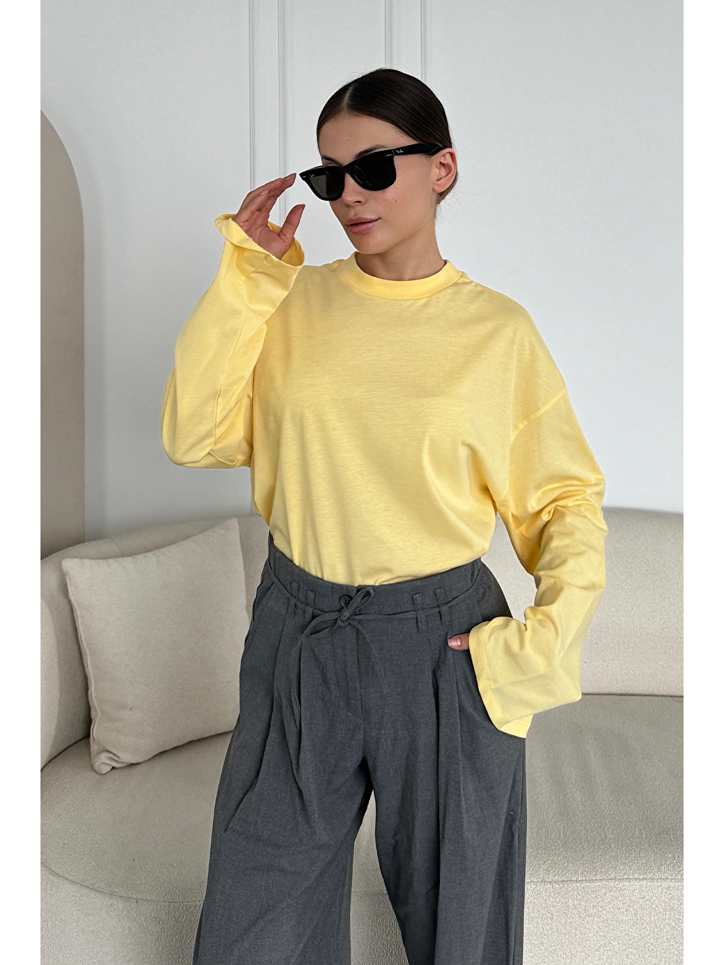 Geniş Kol Oversize 2'Li Paket T-Shirt 964 Lila/Sarı-5