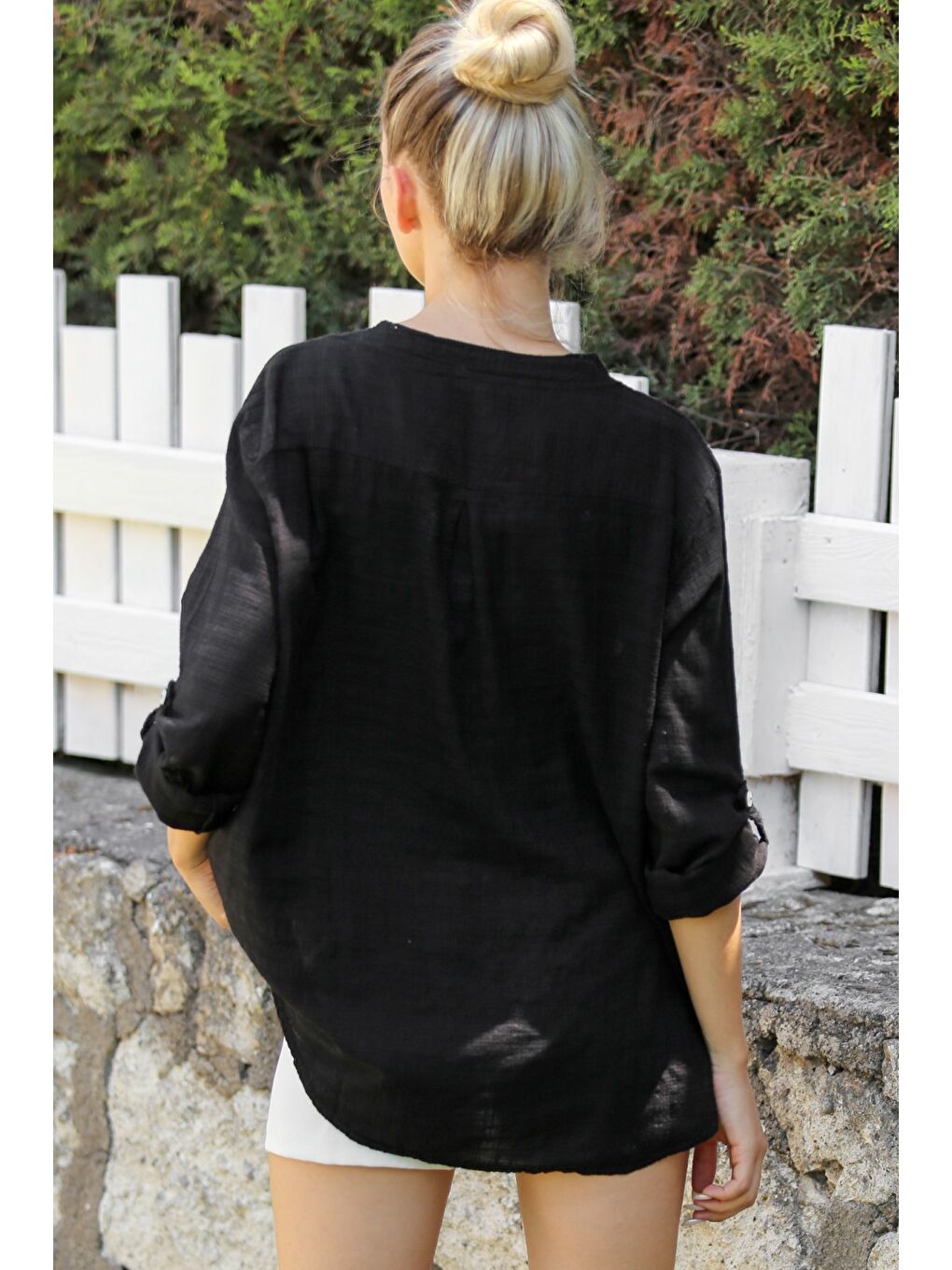 Siyah Hakim Yaka Düğmeli Uzun Kollu Düğmeli Cepli Yıkamalı Dokuma Casual Pamuklu Bluz-7