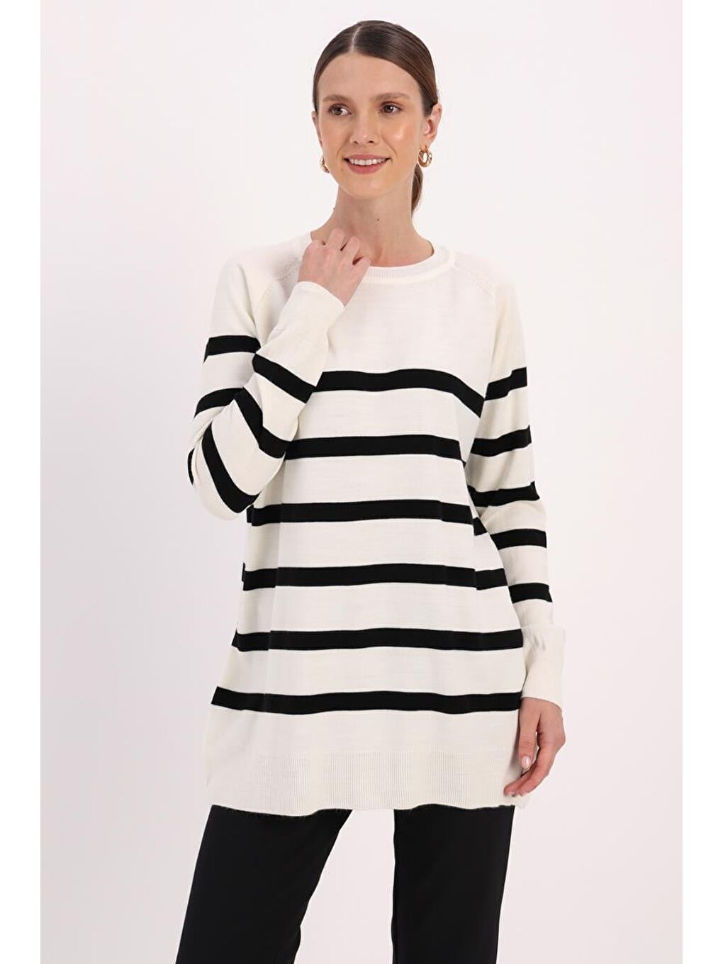 Lila Ekru-Siyah-Basic Çizgili Bisiklet Yaka Kazak