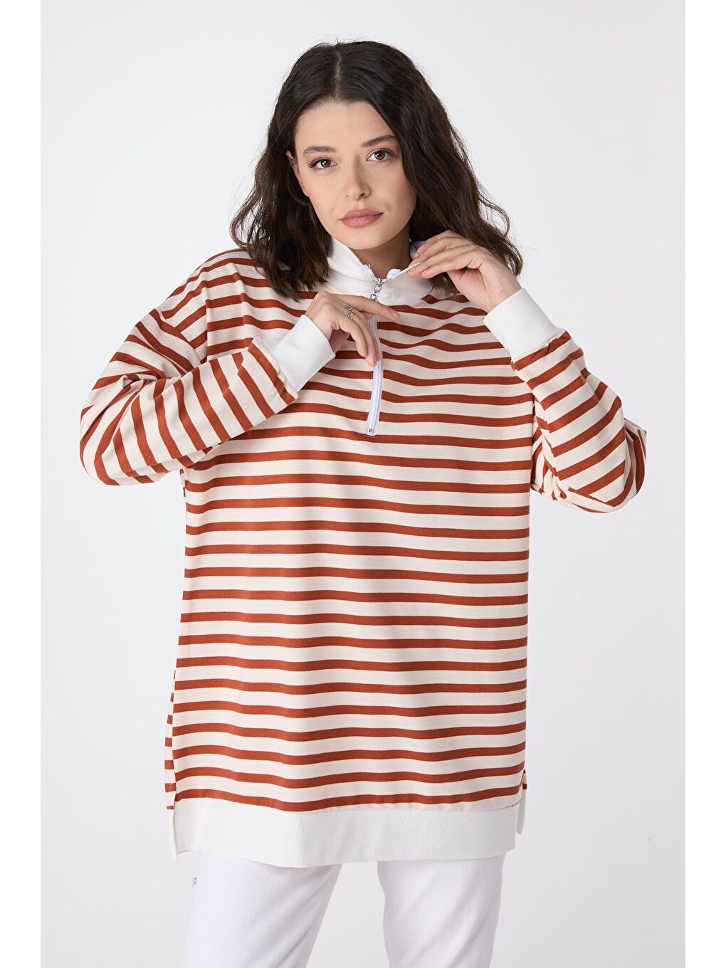 Kahverengi Yarım Balıkçı Yaka Kadın Kiremit Çizgili Sweat - 23892