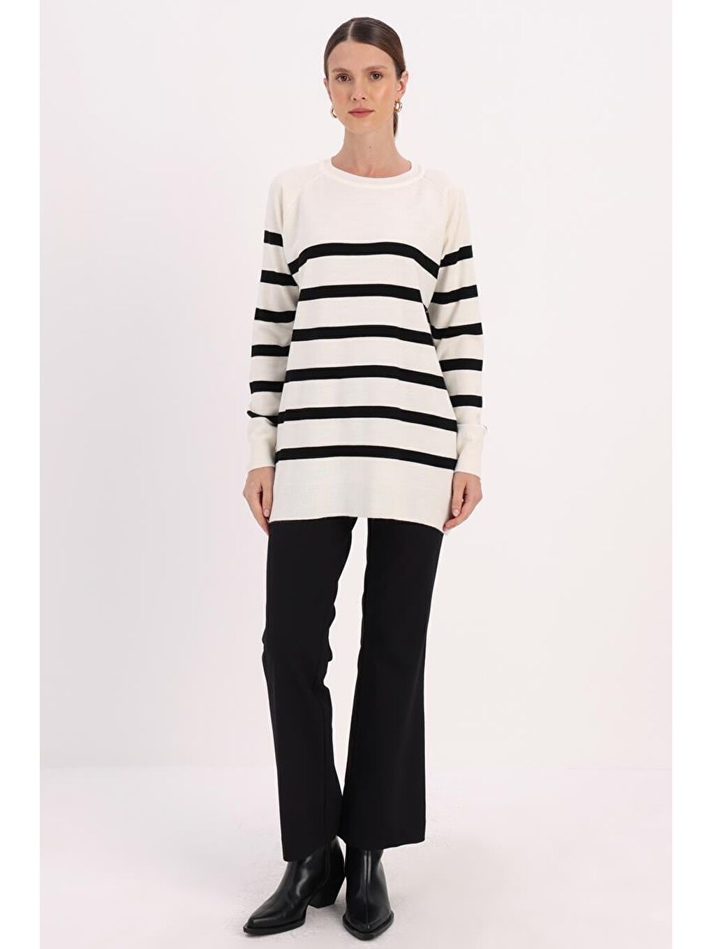 Lila Ekru-Siyah-Basic Çizgili Bisiklet Yaka Kazak-1