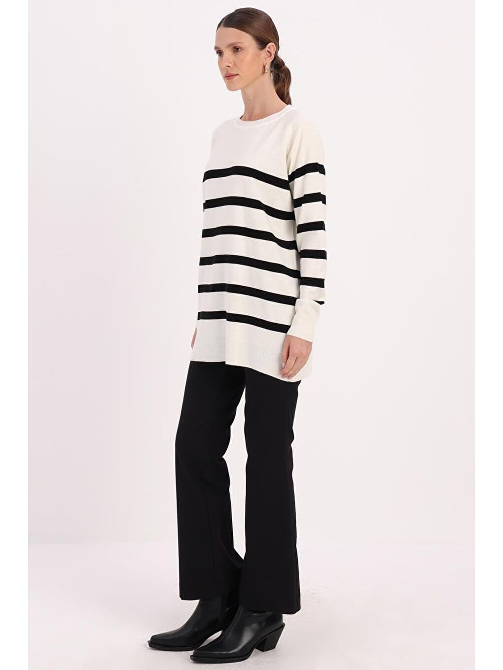 Lila Ekru-Siyah-Basic Çizgili Bisiklet Yaka Kazak-2