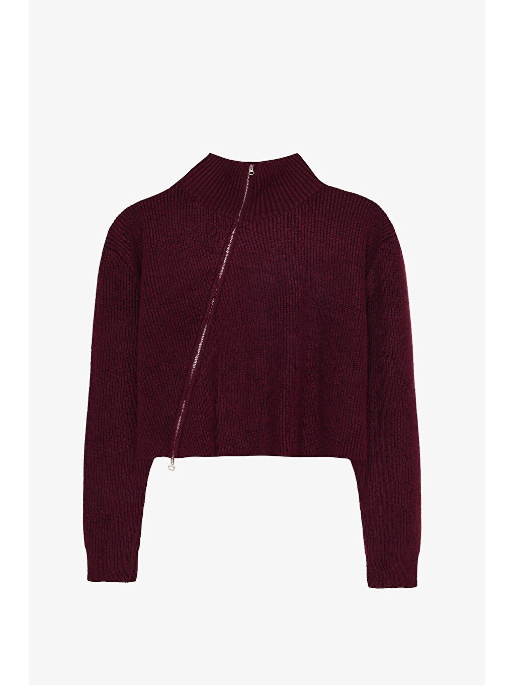 Asimetrik Fermuarlı Triko Kazak Mürdüm