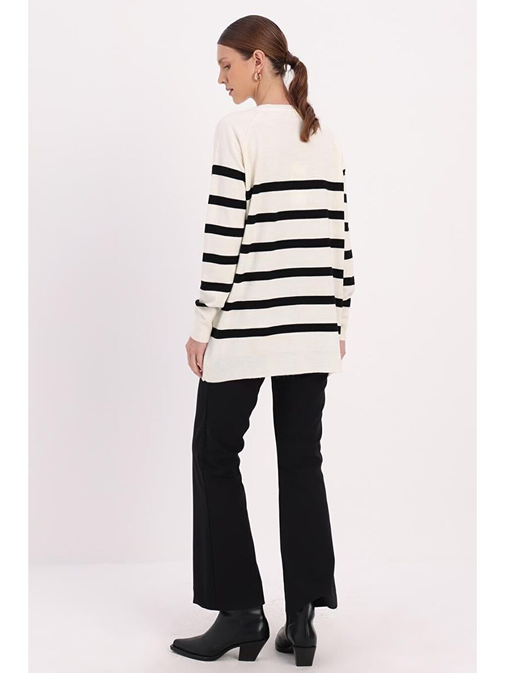 Lila Ekru-Siyah-Basic Çizgili Bisiklet Yaka Kazak-3