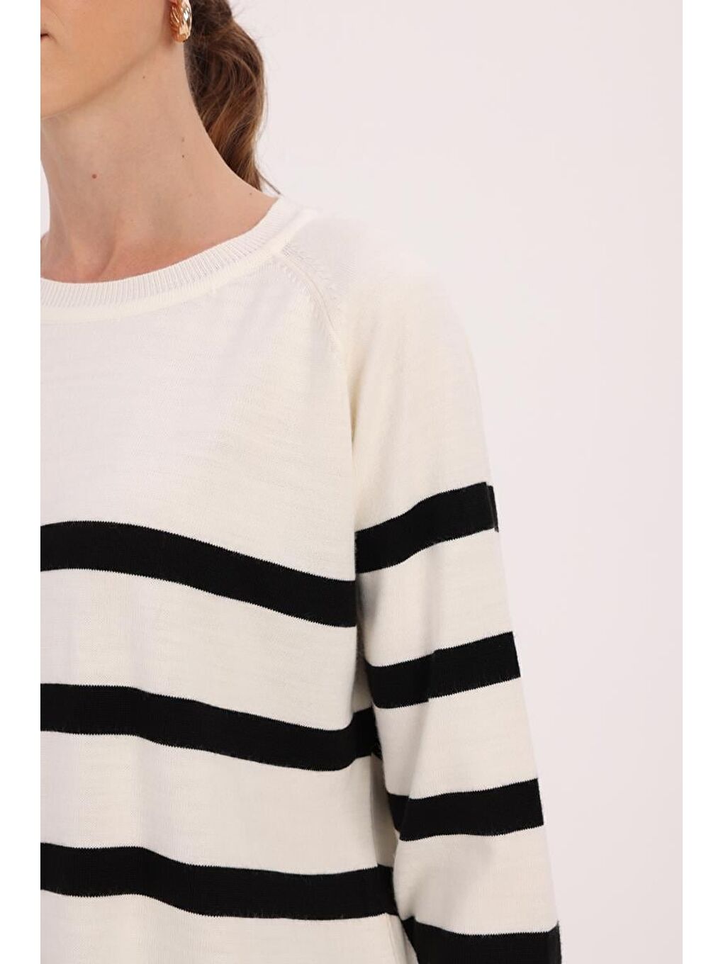 Lila Ekru-Siyah-Basic Çizgili Bisiklet Yaka Kazak-4