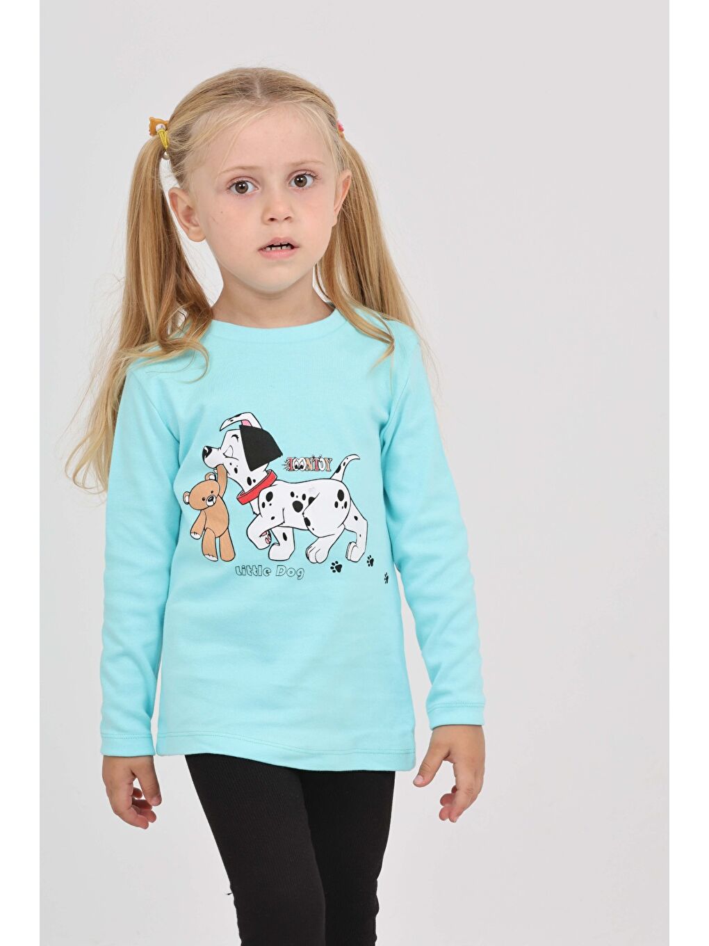 Turkuaz Kız Çocuk Köpekli Ayı Baskılı Sweatshirt-1