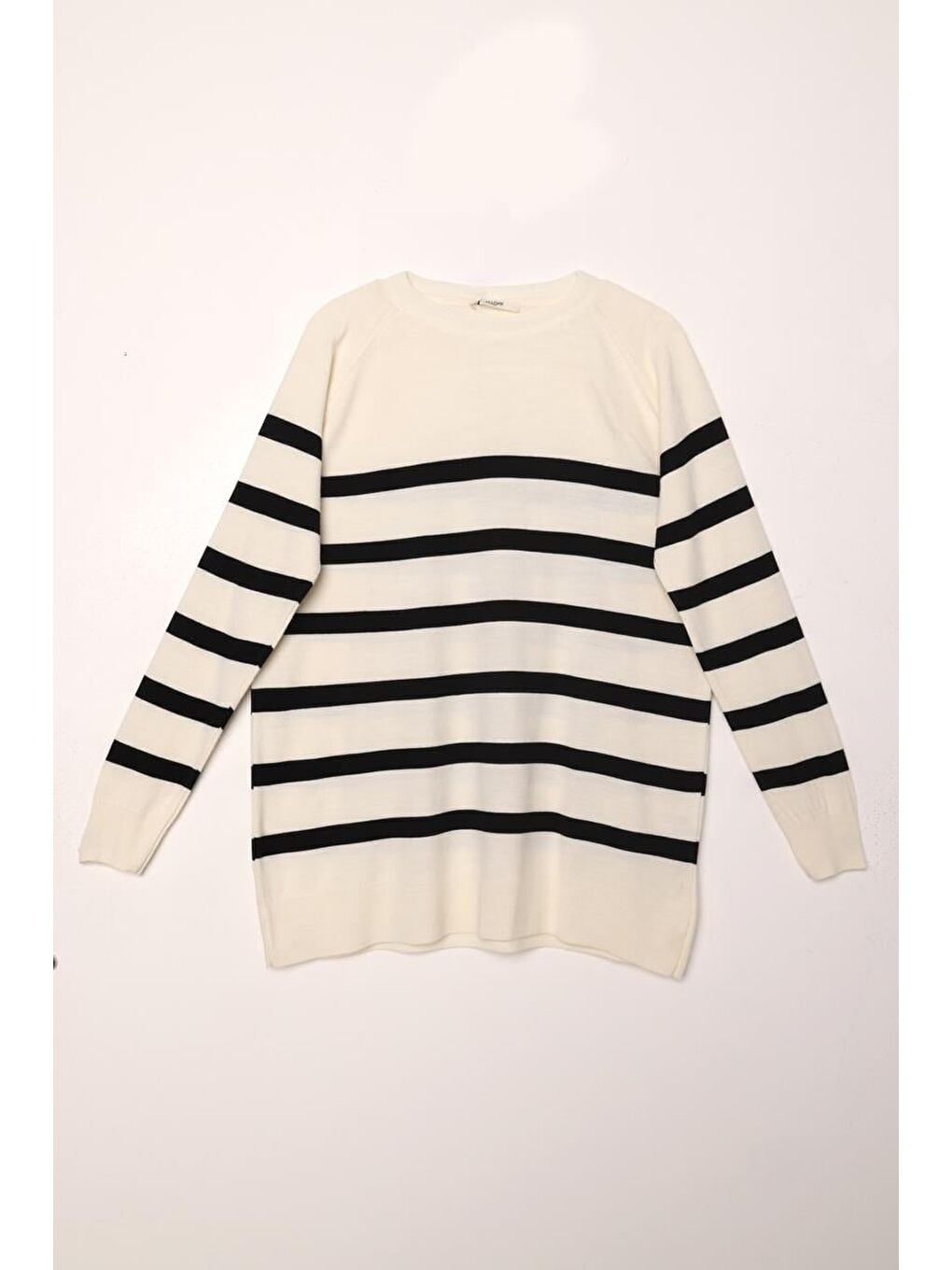 Lila Ekru-Siyah-Basic Çizgili Bisiklet Yaka Kazak-5