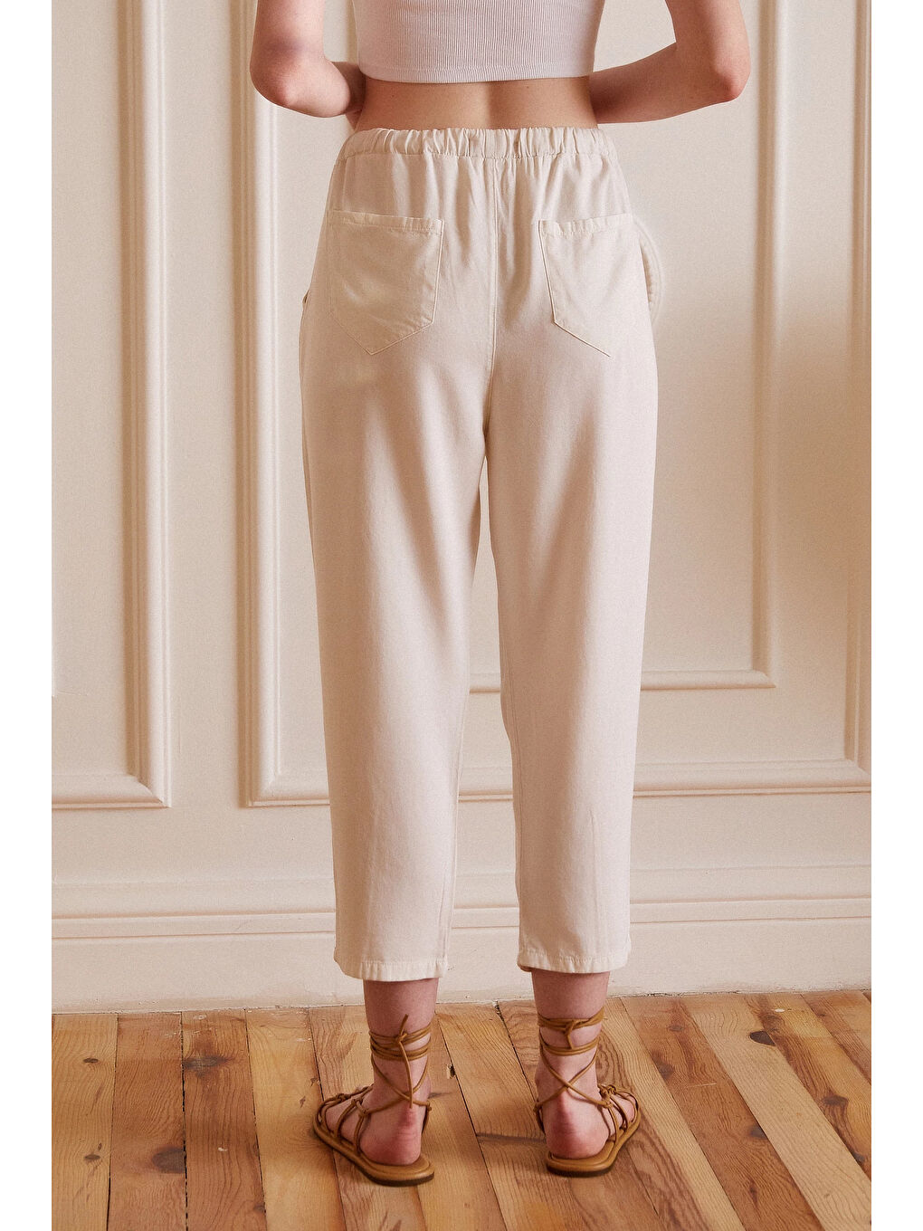 Beli İpli Salaş Gabardin Pantolon Ekru-3