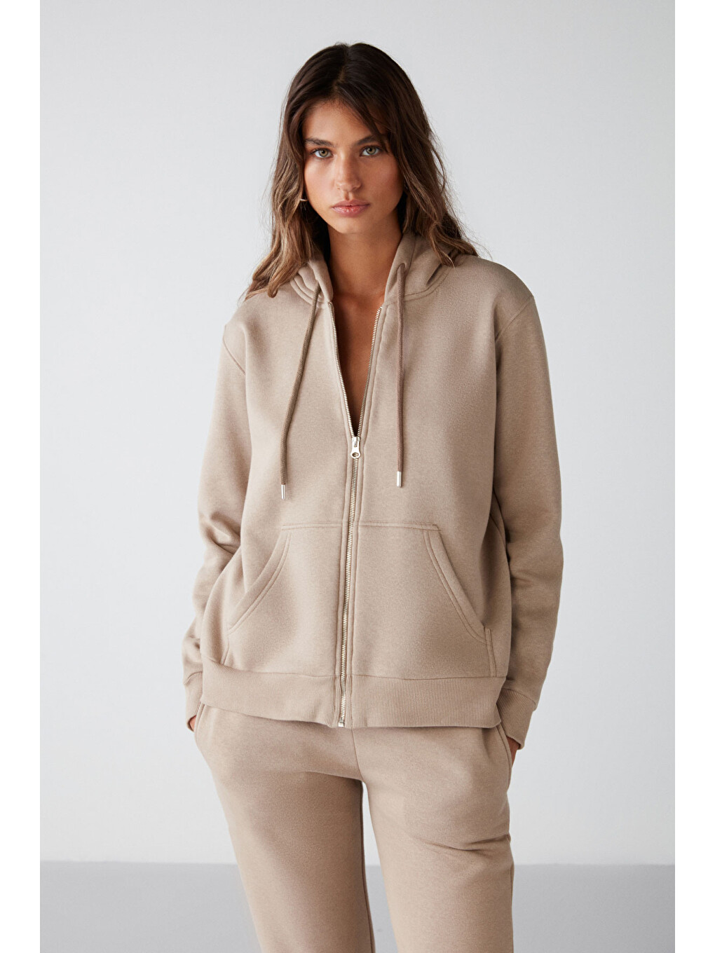 Bej Carlota Kadın Içi Polarlı Organik Kumaşlı Metal Fermuarlı Kapüşonlu Yumuşacık Vizon Sweatshirt-1