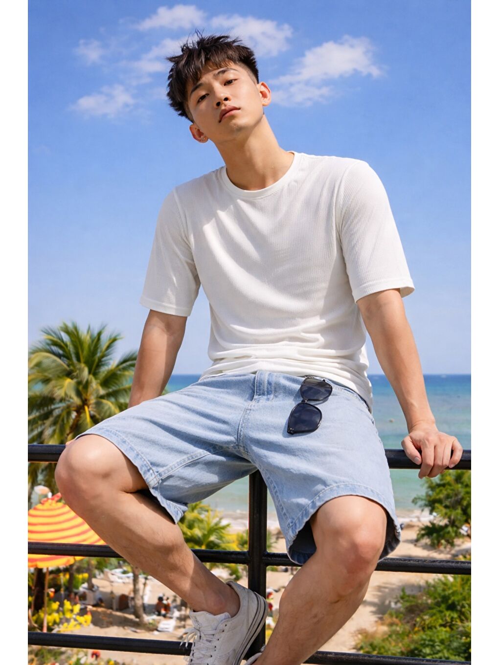 Beyaz Erkek Jakarlı Oversize Tişört Bisiklet Yaka Rahat Kalıp Yazlık Basic T-Shirt-1