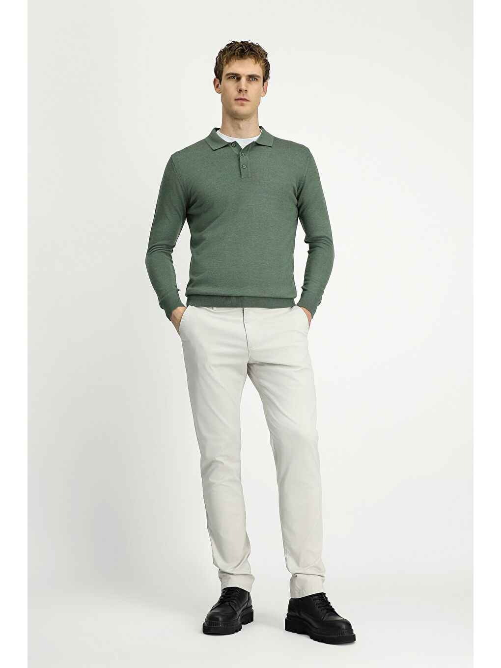 Haki Polo Yaka Düğmeli Regular Fit Sıcak Tutan Yünlü Triko Kazak-2