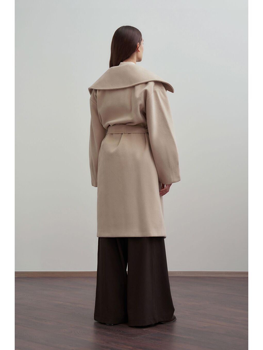 Bej-Oversize Kuşaklı Kaşe Kaban-2