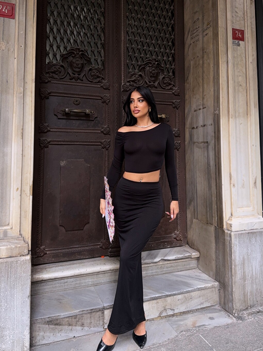 Siyah Sandy Kumaş Etek Bluz Takım