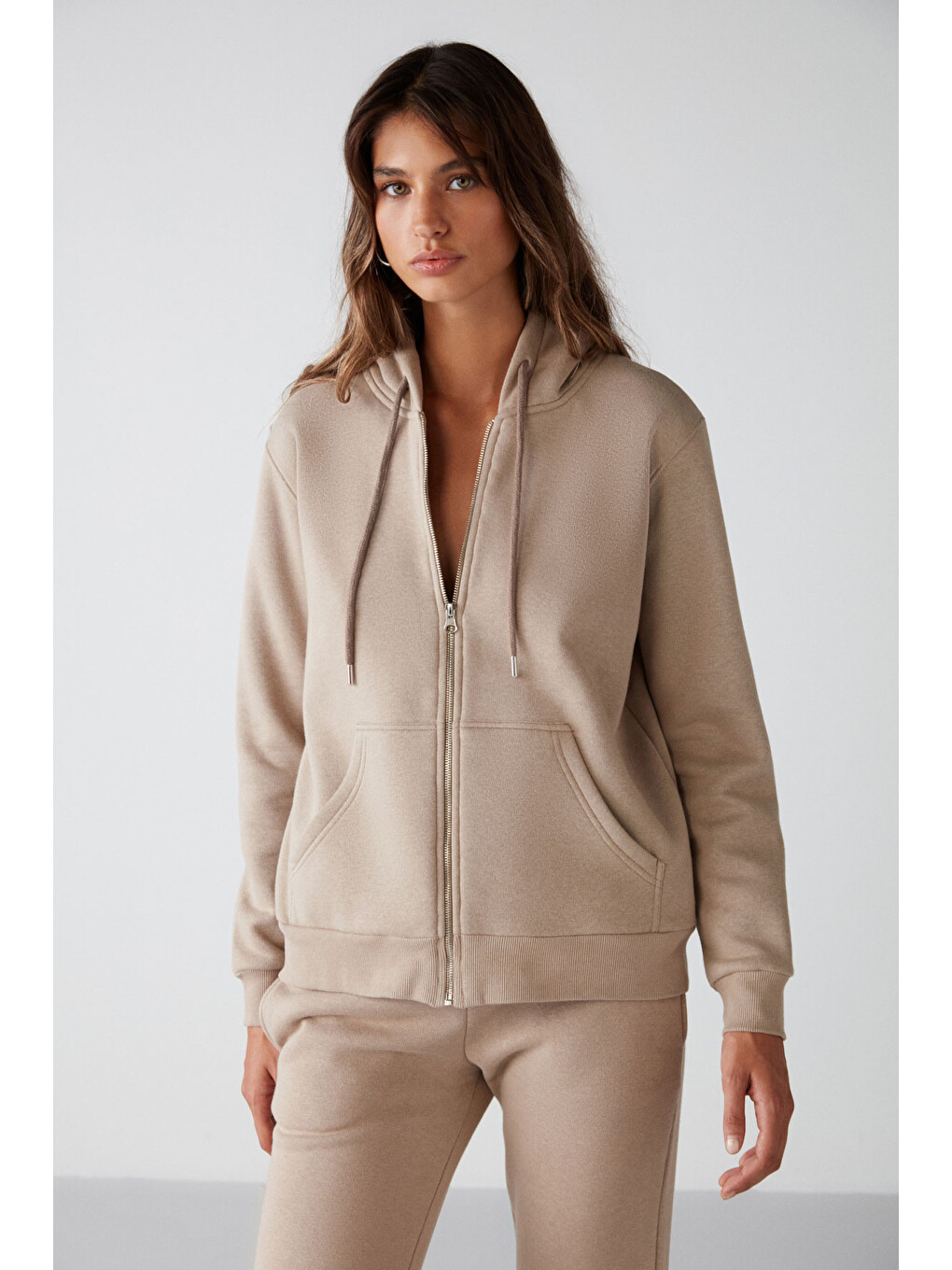 Bej Carlota Kadın Içi Polarlı Organik Kumaşlı Metal Fermuarlı Kapüşonlu Yumuşacık Vizon Sweatshirt-2