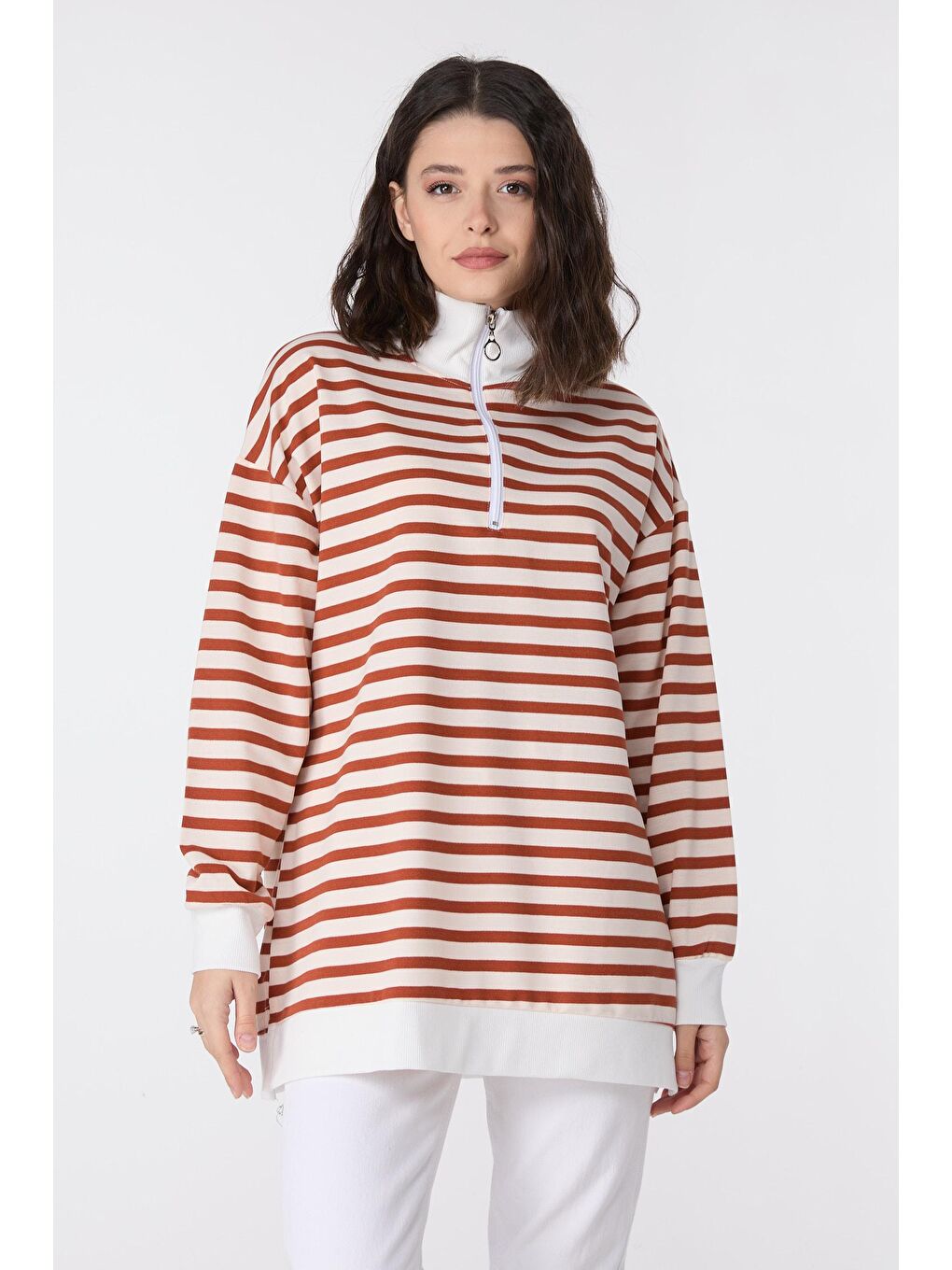 Kahverengi Yarım Balıkçı Yaka Kadın Kiremit Çizgili Sweat - 23892-2