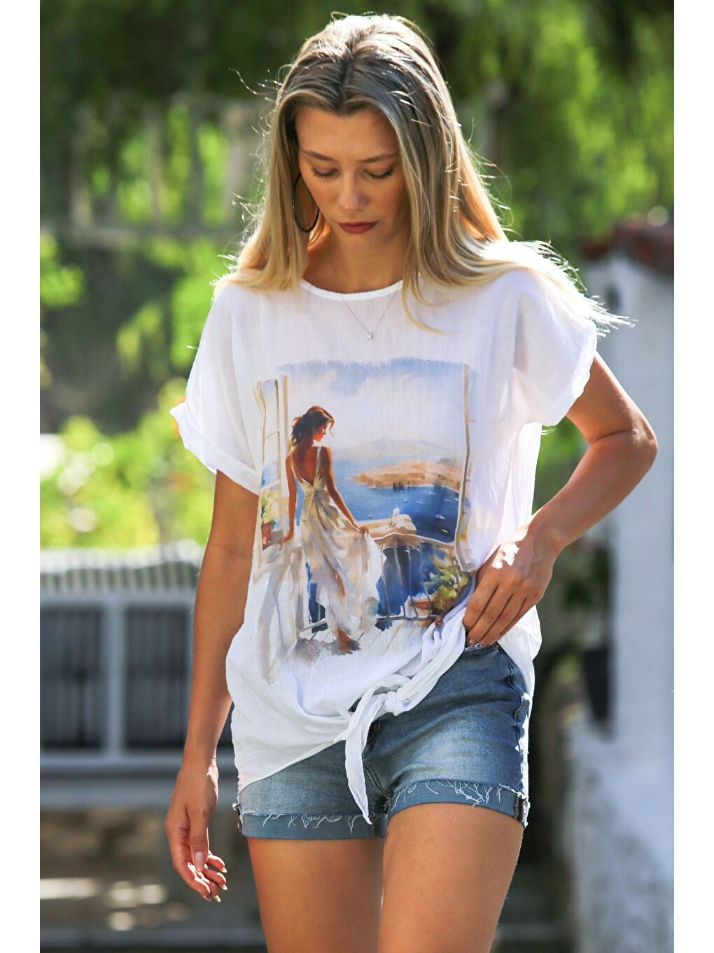 İtalyan Beyaz Kayık Yaka Kısa Kol Önden Düğüm Bağlamalı Baskılı Pamuklu Dokuma Casual Bluz