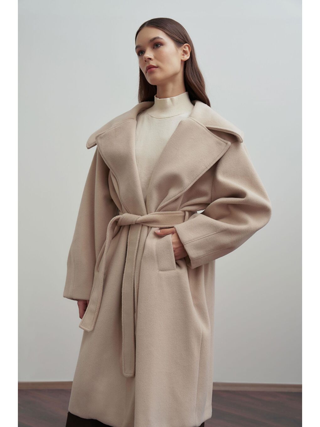 Bej-Oversize Kuşaklı Kaşe Kaban-3