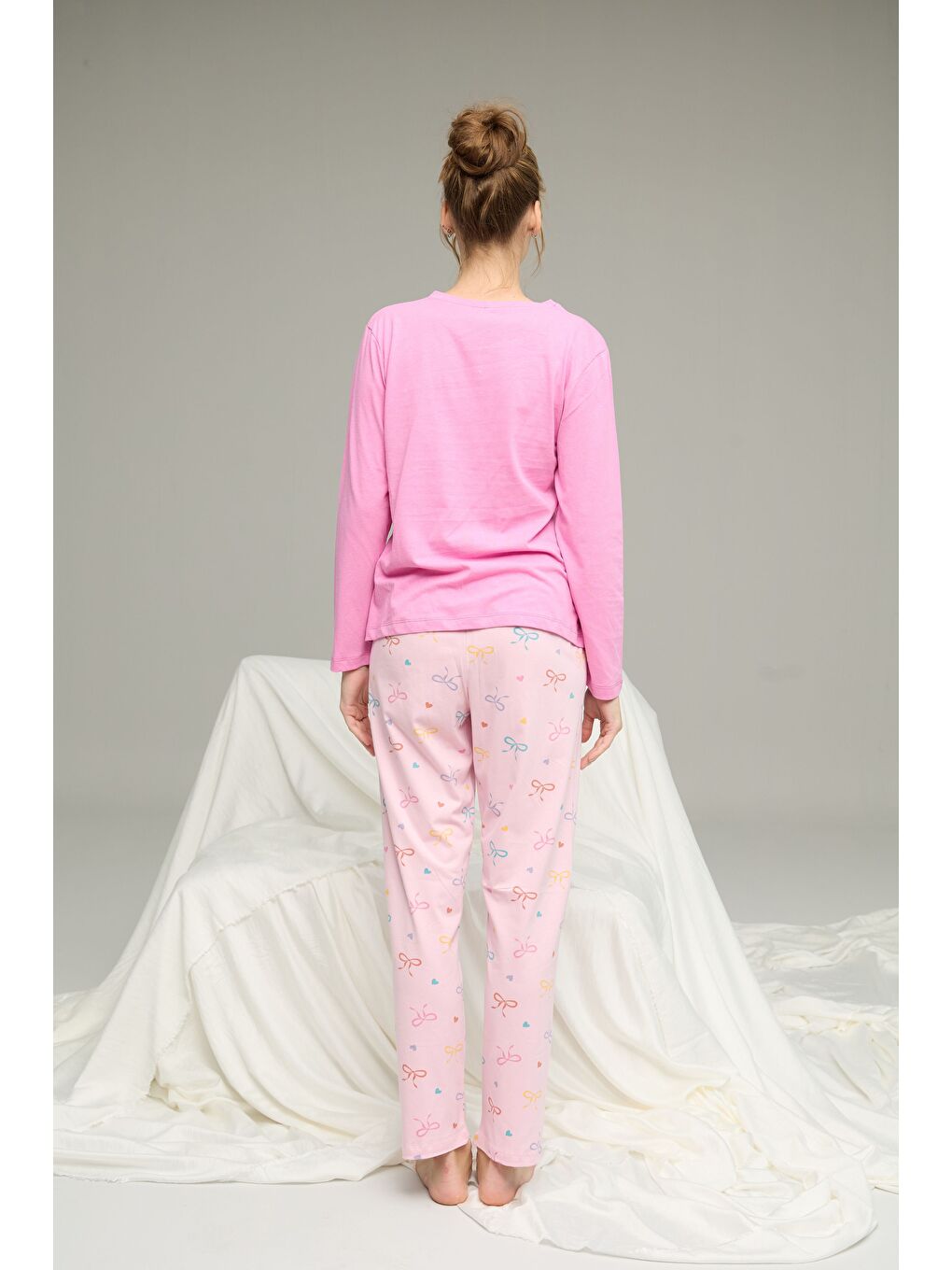 Pembe Kurdele Desenli Örme Pamuklu Pijama Takım25240242-2