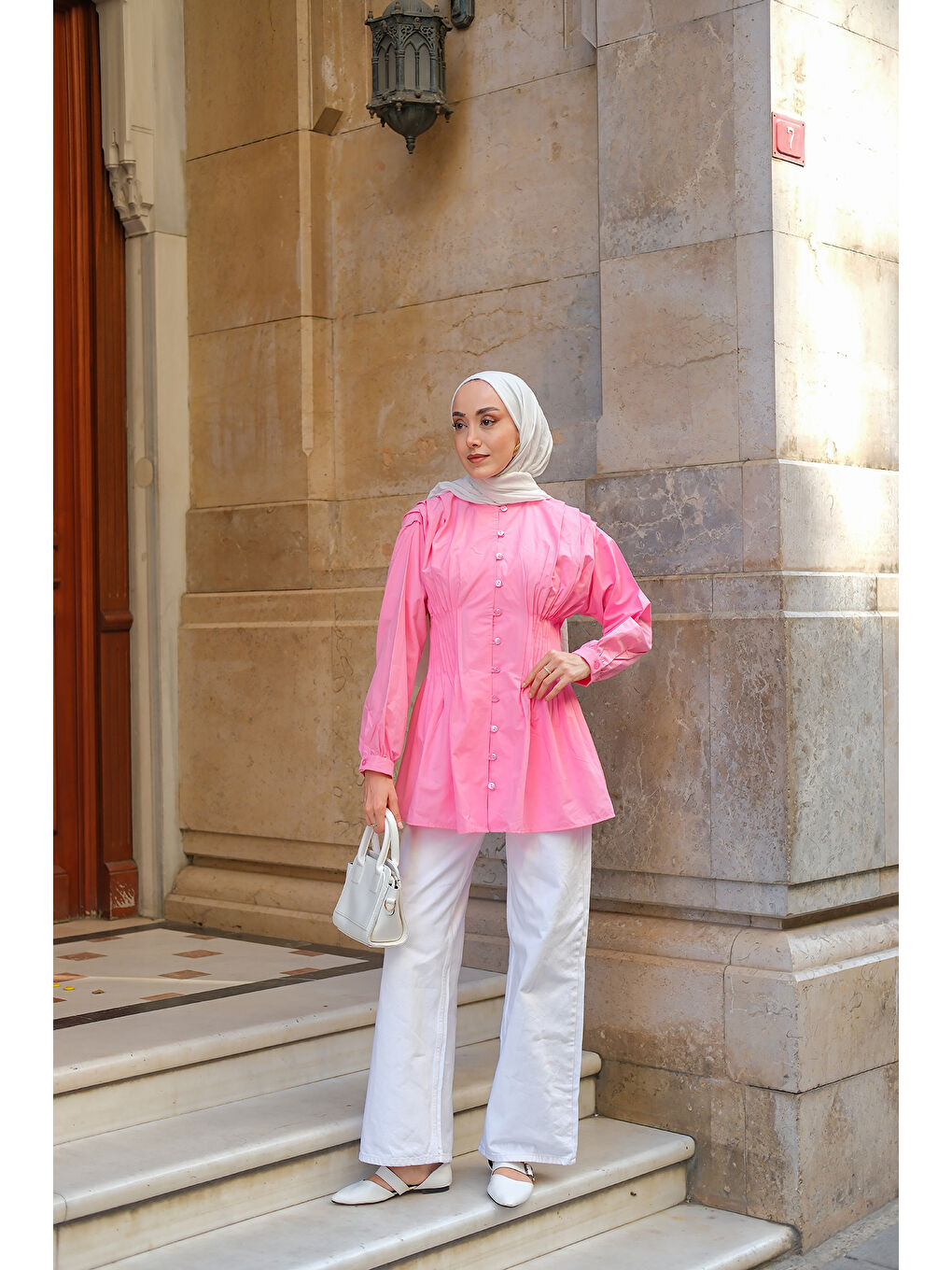 Kadın Beli Nervürlü Poplin Gömlek Pembe-2