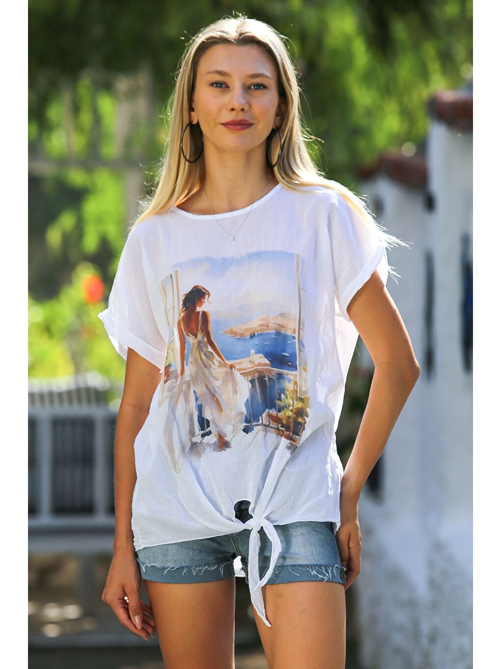 İtalyan Beyaz Kayık Yaka Kısa Kol Önden Düğüm Bağlamalı Baskılı Pamuklu Dokuma Casual Bluz-2