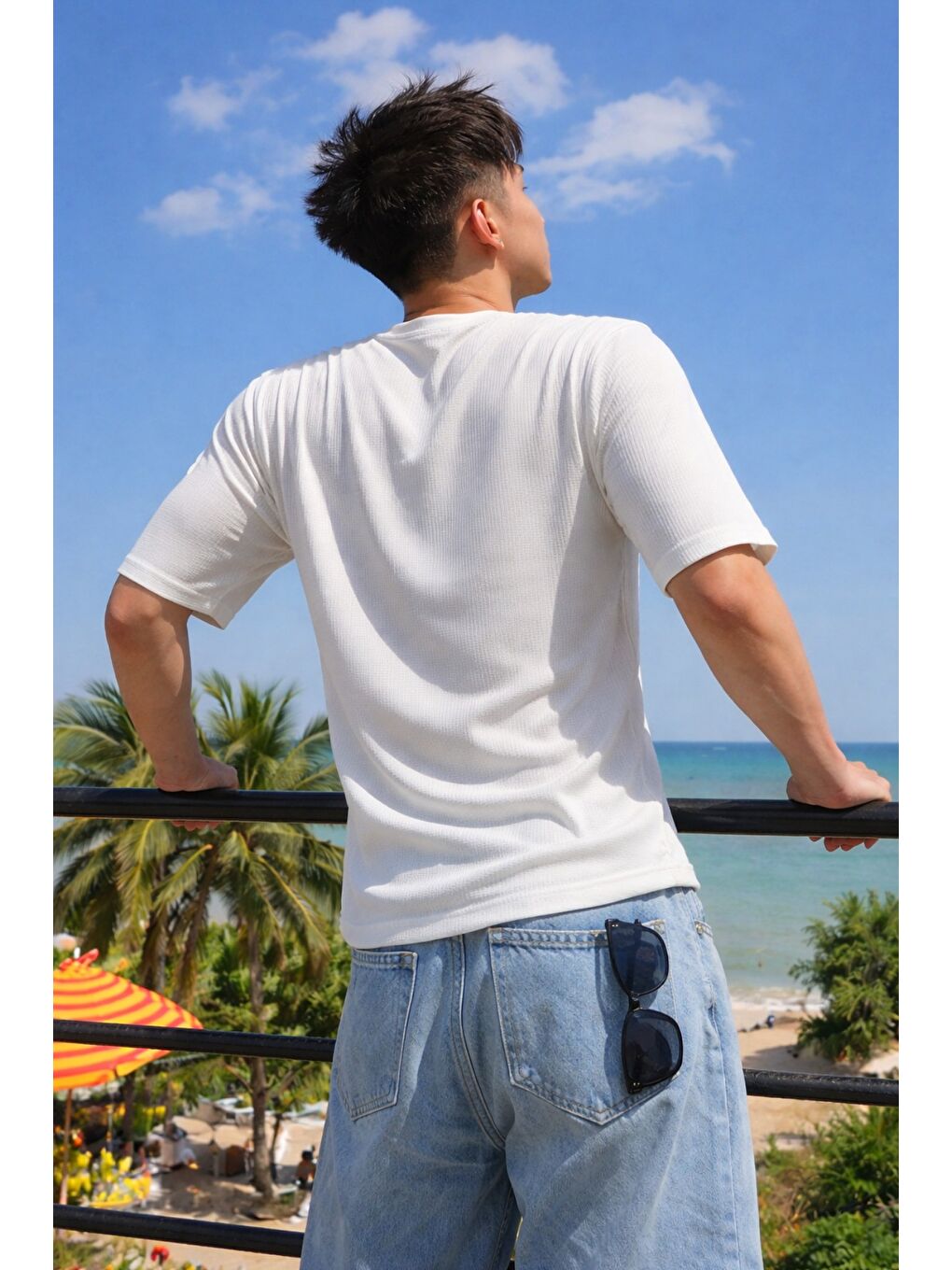 Beyaz Erkek Jakarlı Oversize Tişört Bisiklet Yaka Rahat Kalıp Yazlık Basic T-Shirt-2