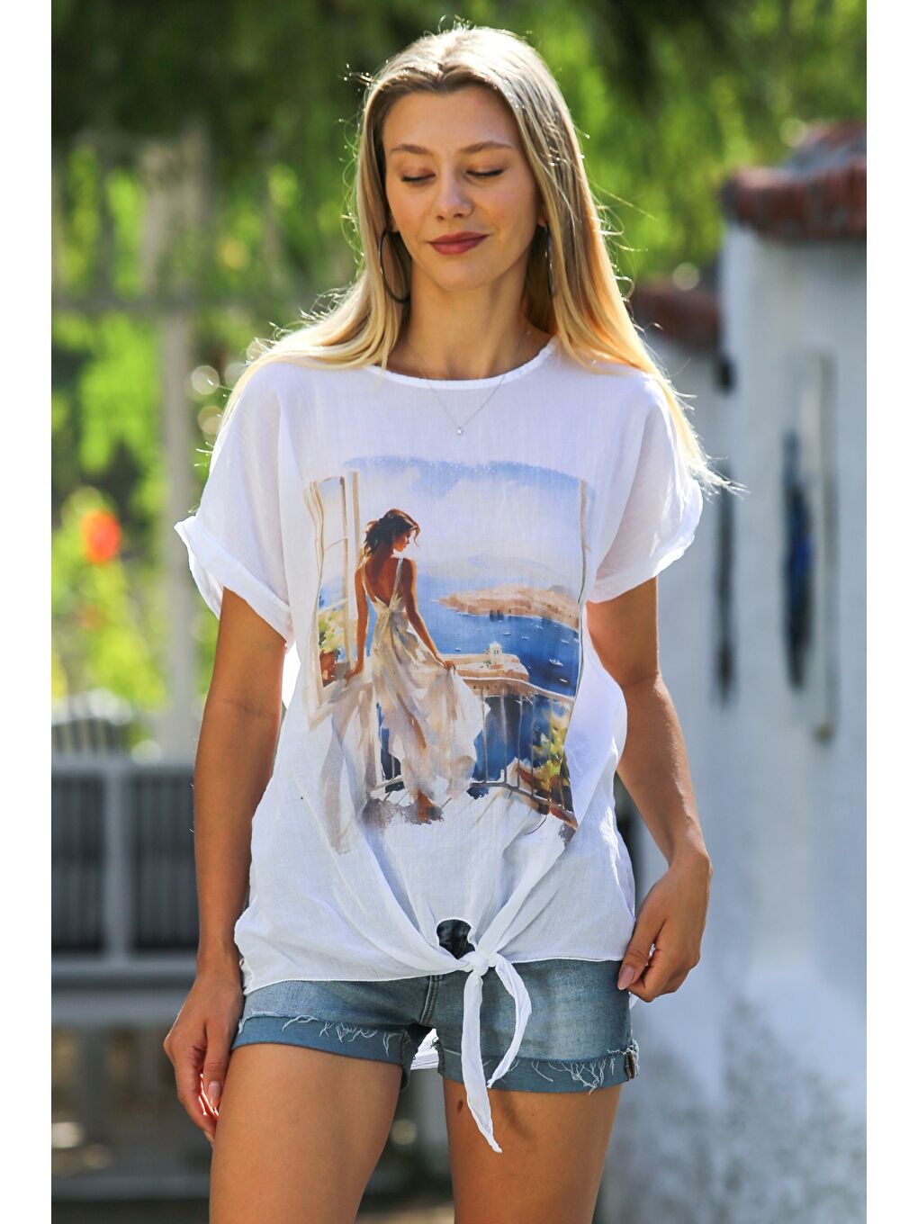 İtalyan Beyaz Kayık Yaka Kısa Kol Önden Düğüm Bağlamalı Baskılı Pamuklu Dokuma Casual Bluz-3