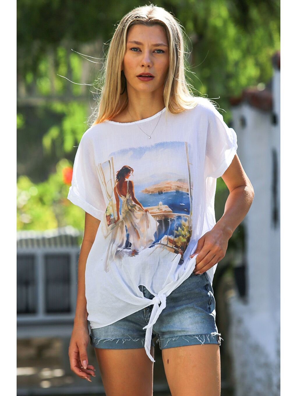 İtalyan Beyaz Kayık Yaka Kısa Kol Önden Düğüm Bağlamalı Baskılı Pamuklu Dokuma Casual Bluz-4