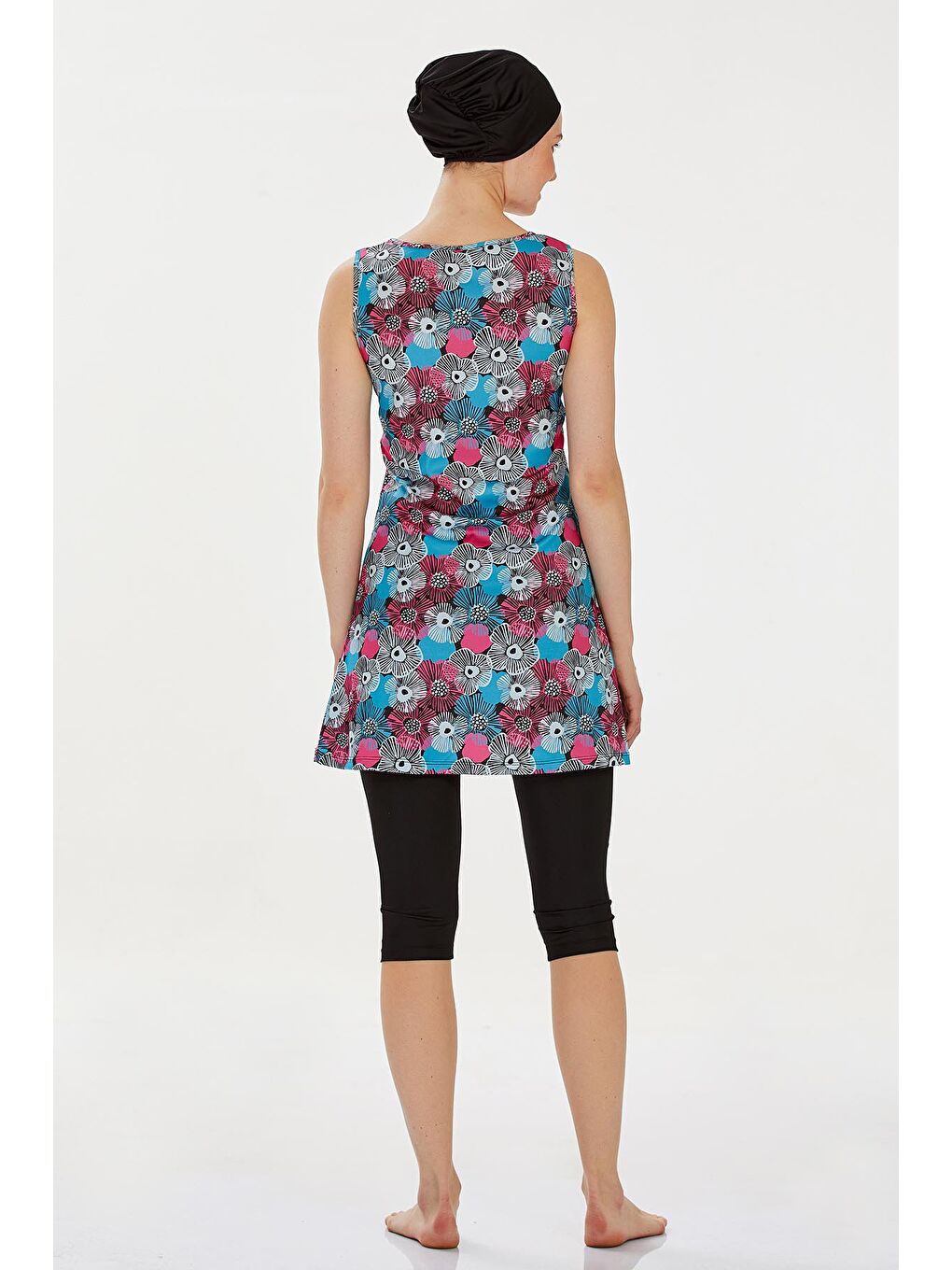 Pembe Çiçek Desenli Sıfır Kol 4 Lü Tesettür Mayo-1