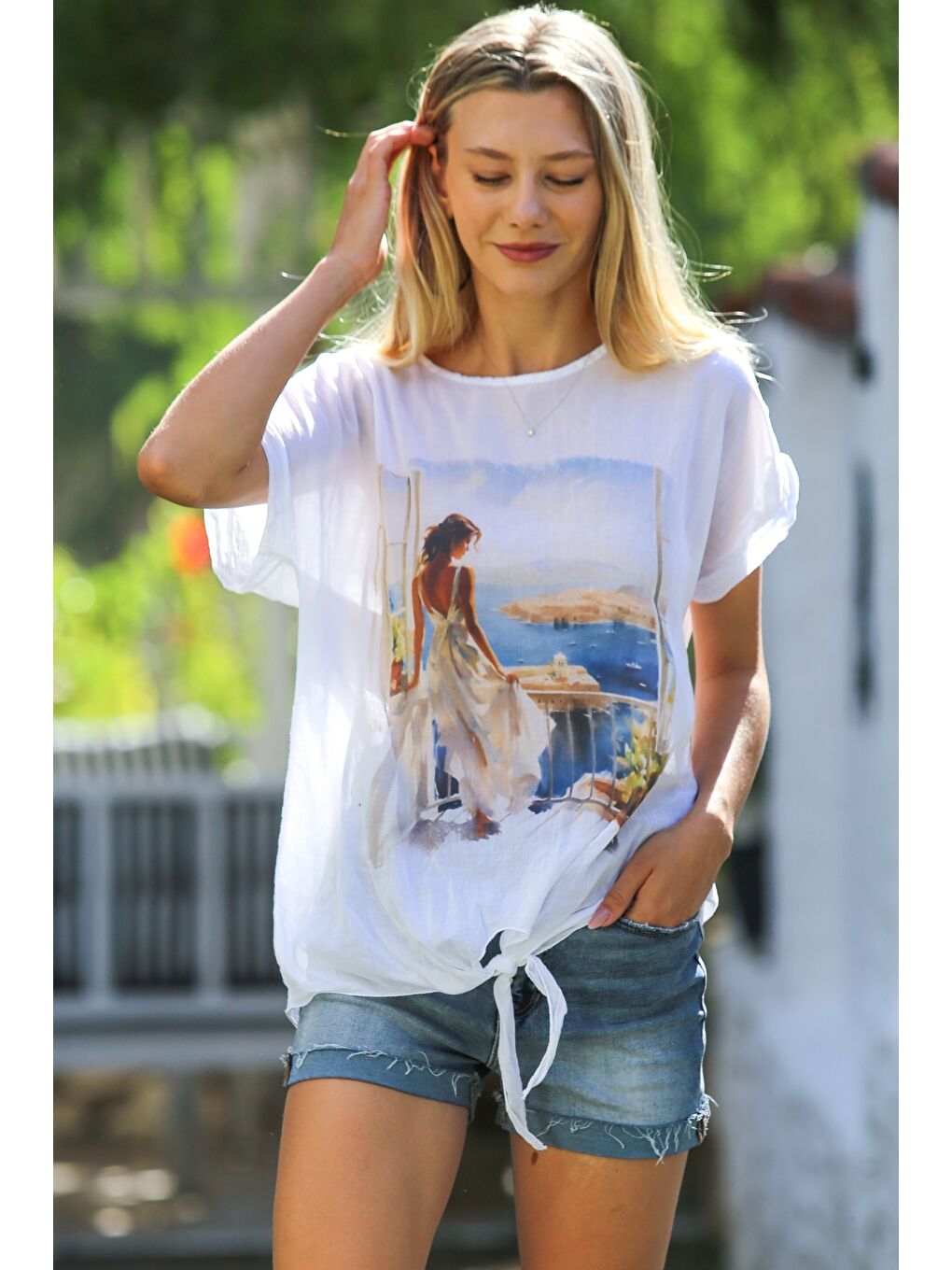 İtalyan Beyaz Kayık Yaka Kısa Kol Önden Düğüm Bağlamalı Baskılı Pamuklu Dokuma Casual Bluz-5